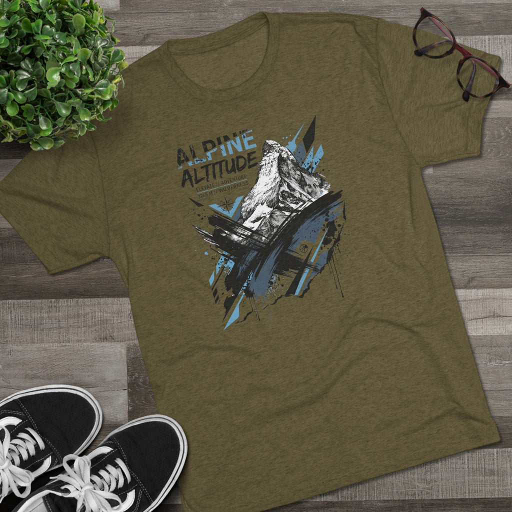Unisex olive green T-shirt with mountain peak graphic in blue and white
