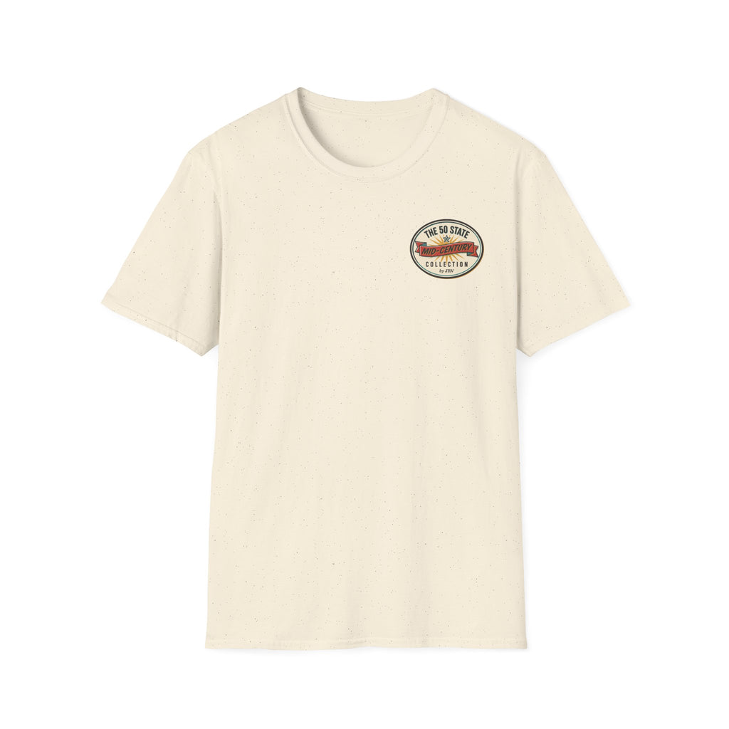 Cream T-shirt with round chest logo patch.