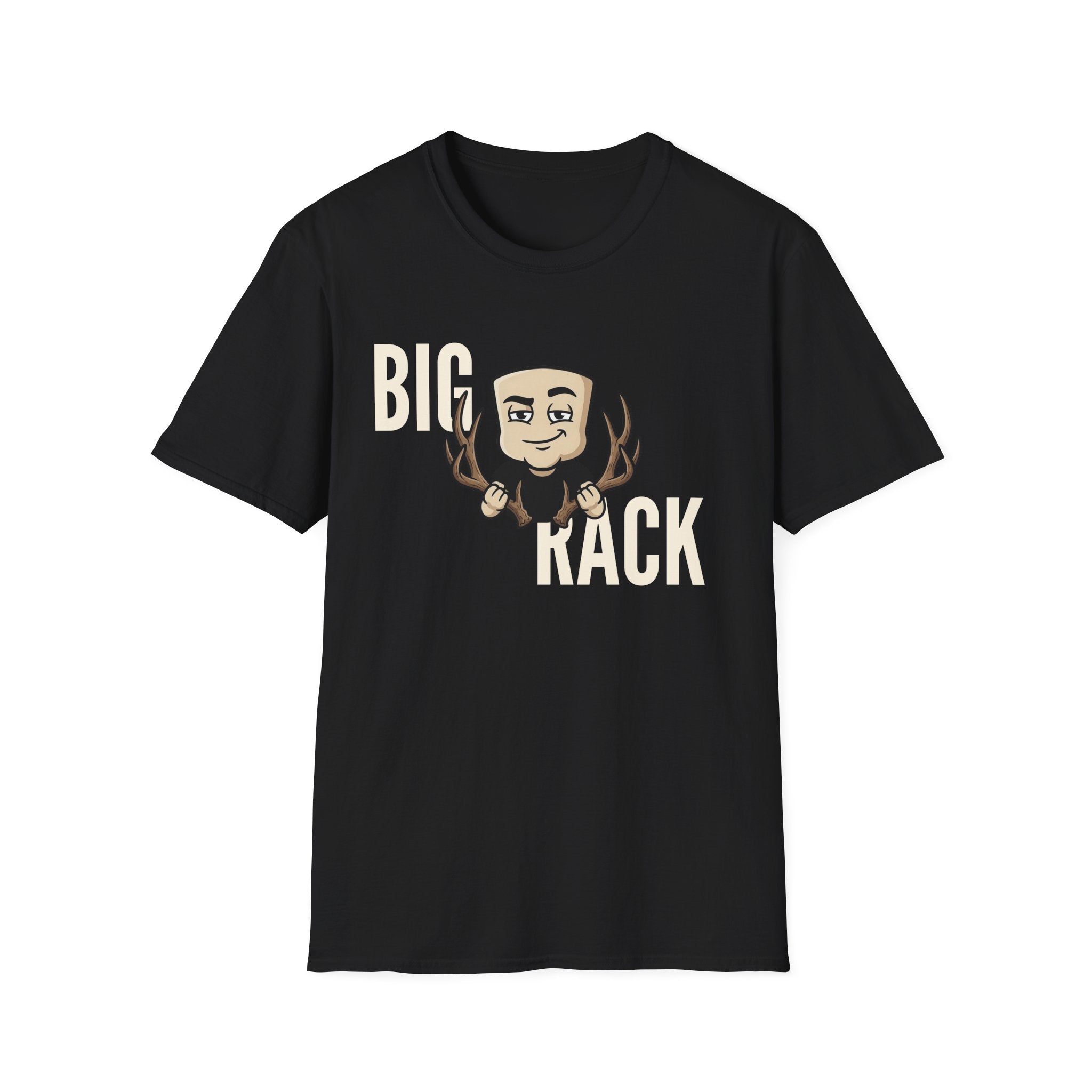 Black T-shirt with "BIG" "KACK" cartoon hunter and antler graphic