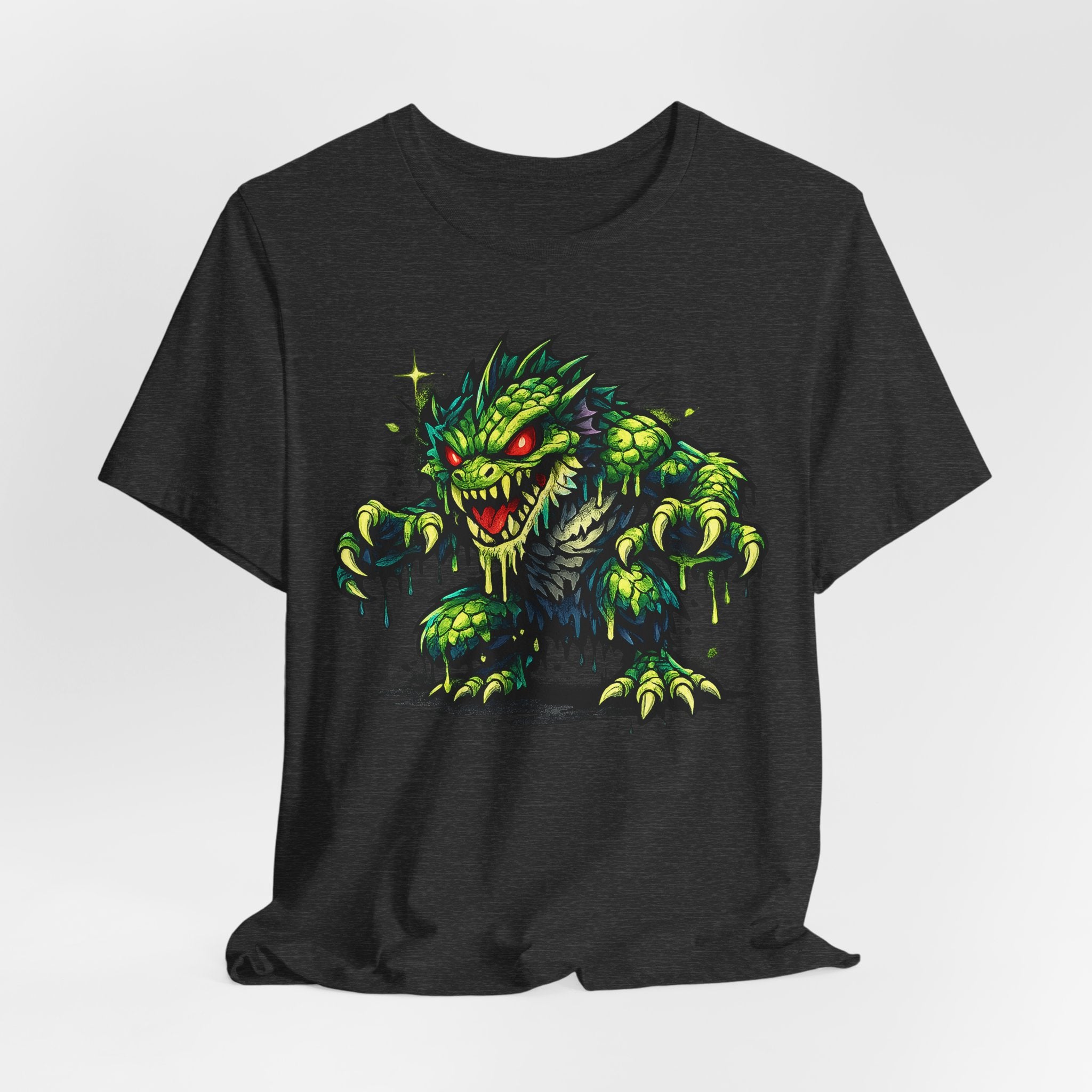 Dark short-sleeve crewneck T-shirt with centered green monster illustration