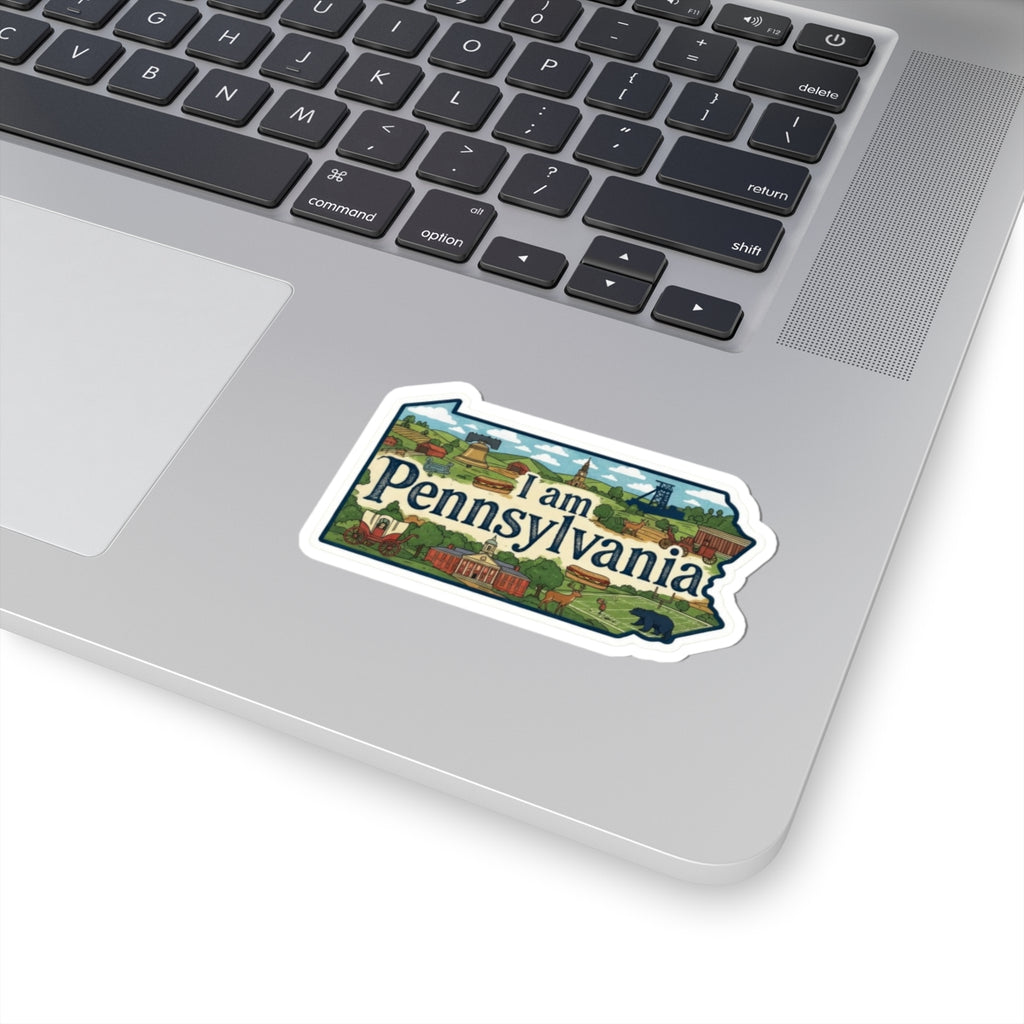Die-cut I Am Pennsylvania sticker on laptop surface with colorful state landscape