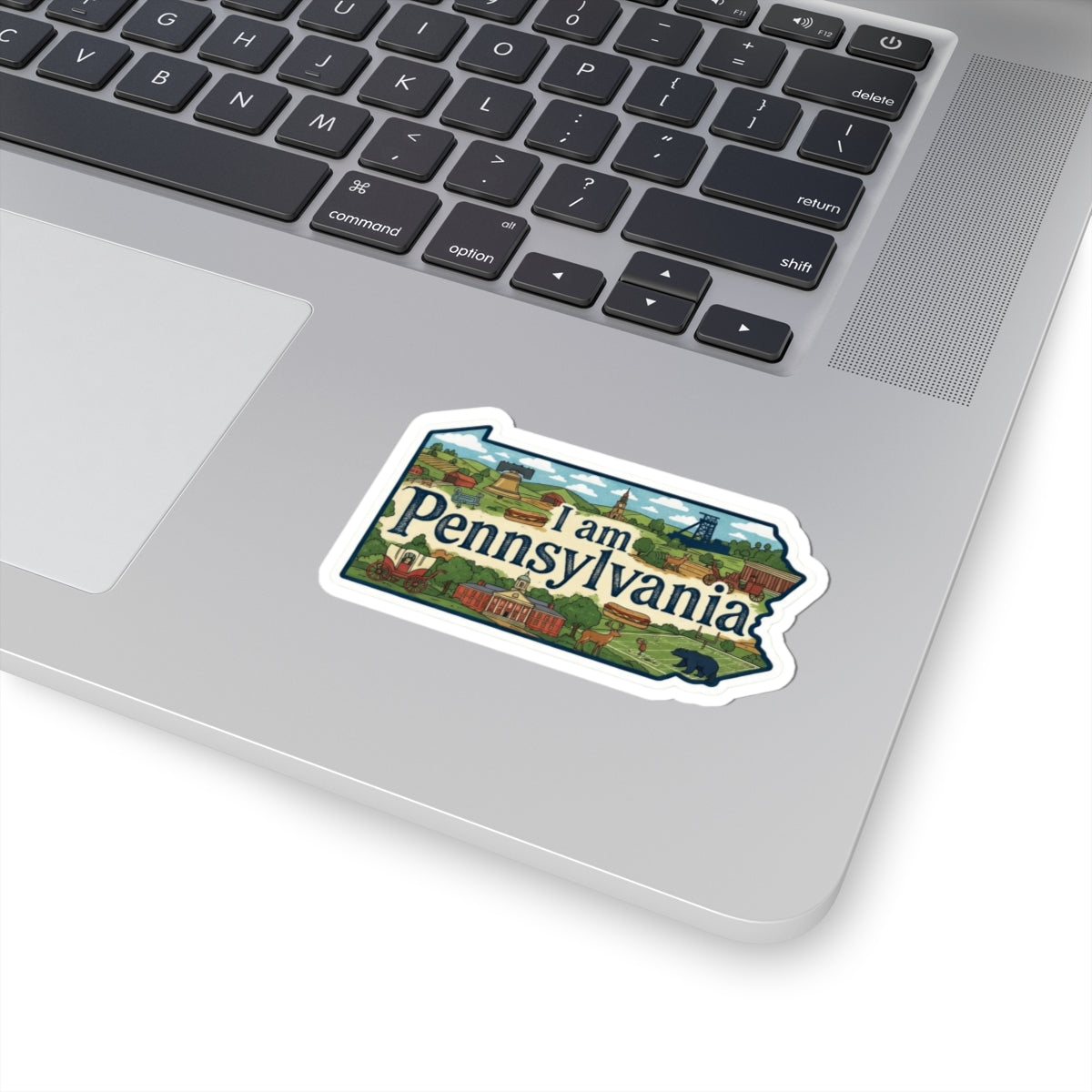Die-cut I Am Pennsylvania sticker on laptop surface with colorful state landscape
