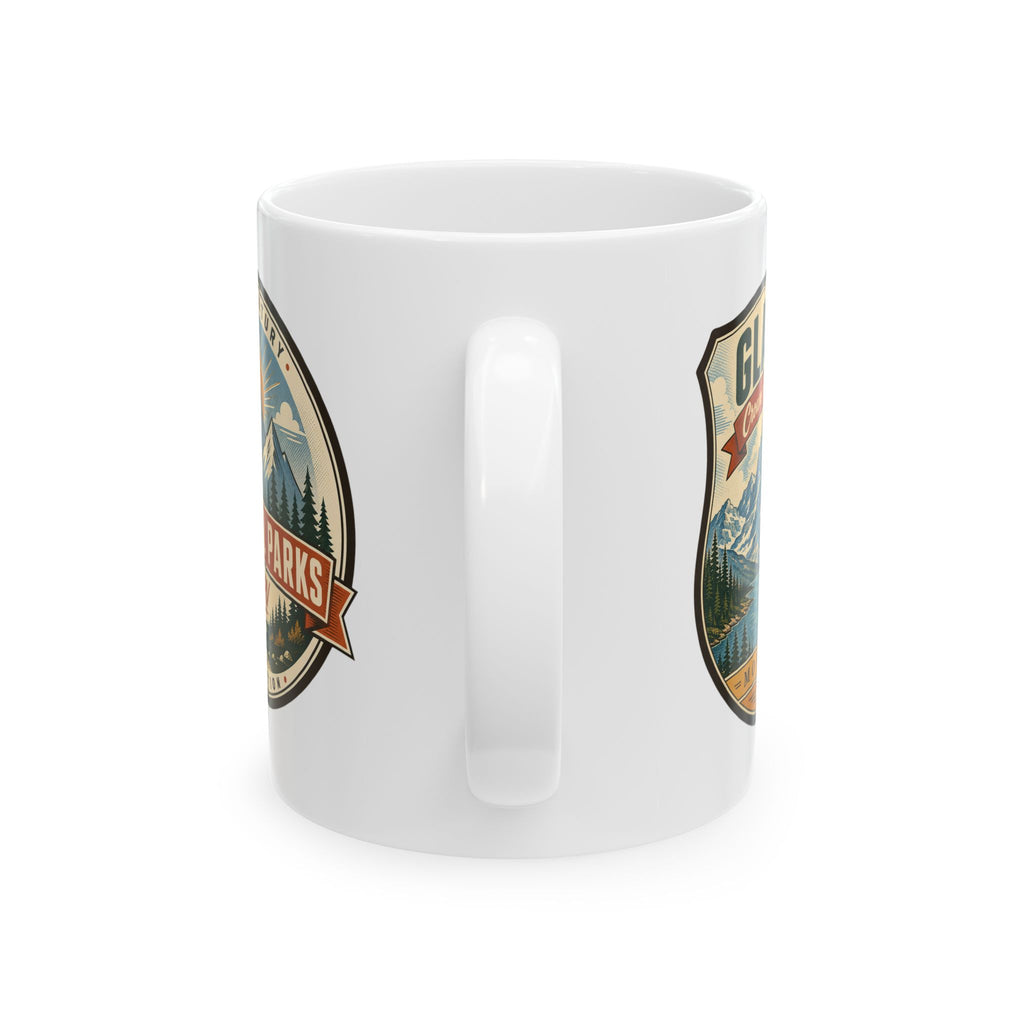 White ceramic mug with Glacier badge and contoured handle detail on side
