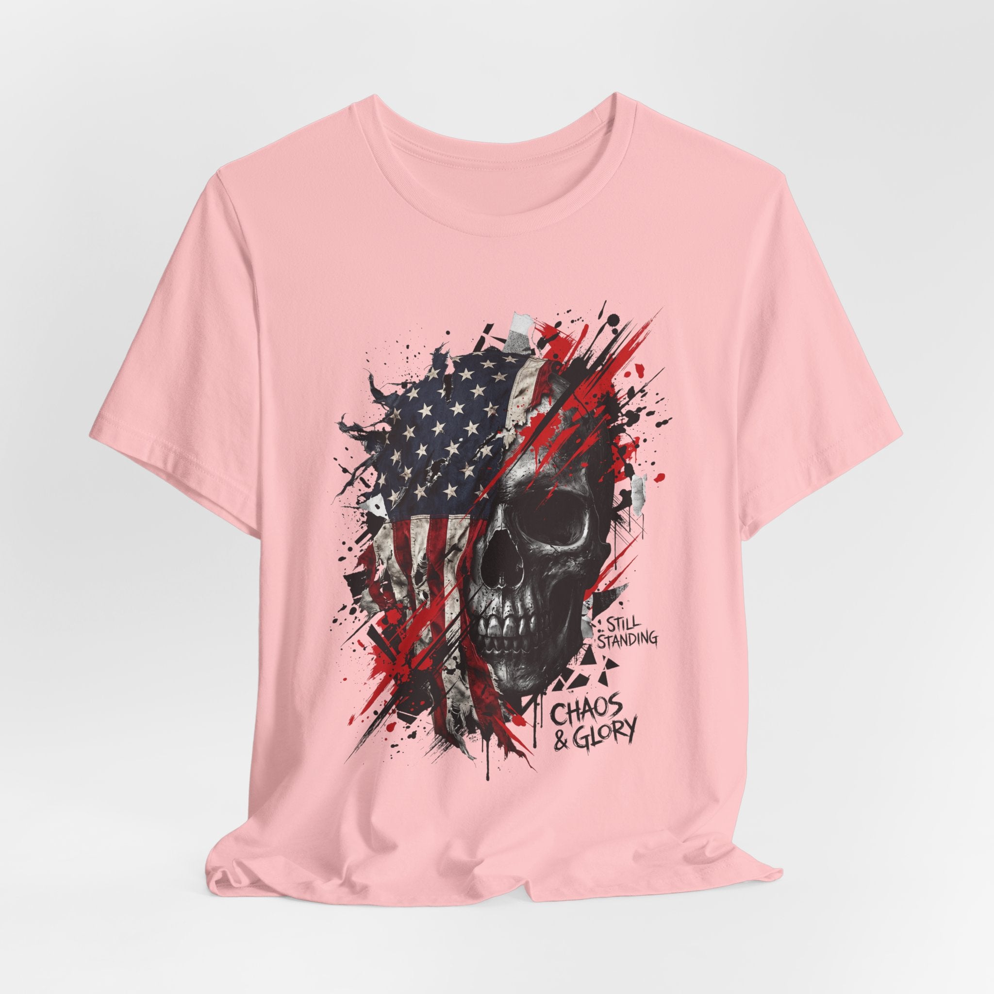 Pink crewneck T-shirt with skull and American flag graphic on the front