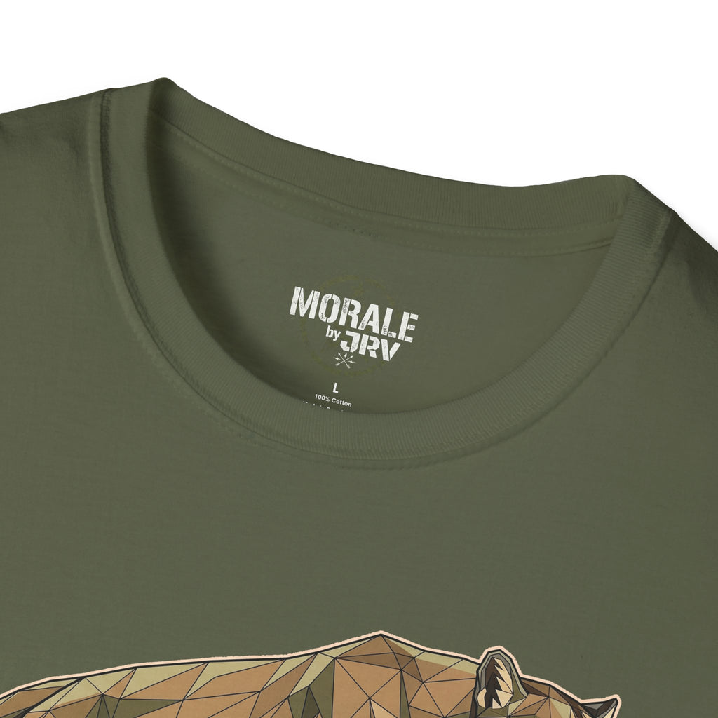 Leaping Cougar tee, olive green: “MORALE by TR1” neck label with partial graphic
