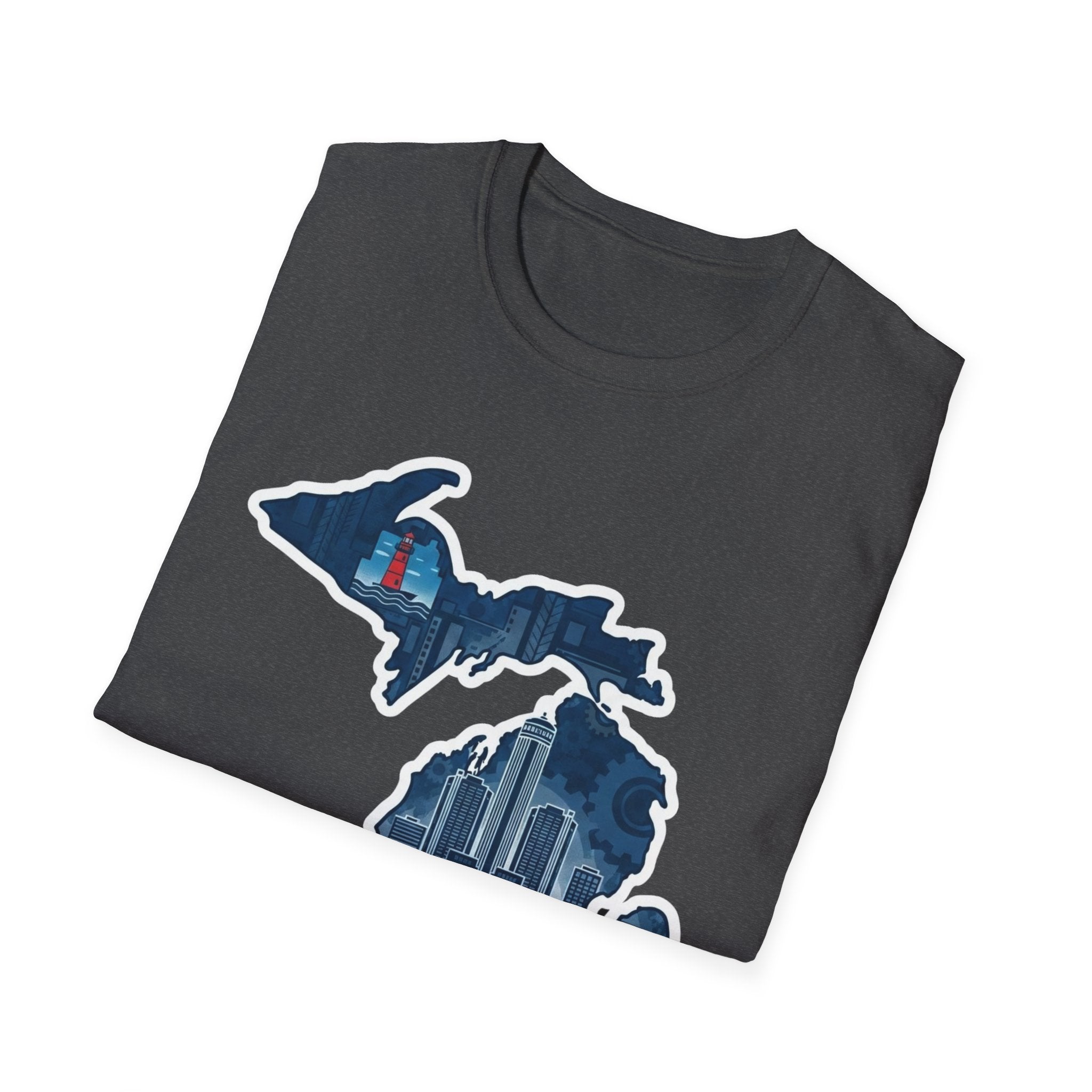 Michigan map graphic T-shirt in dark heather gray with skyline state design