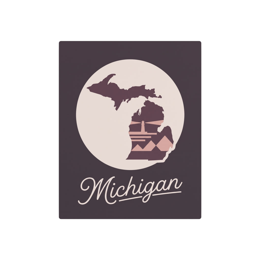 Mauve metal wall art plaque featuring pale circle Michigan silhouette and 'Michigan' script