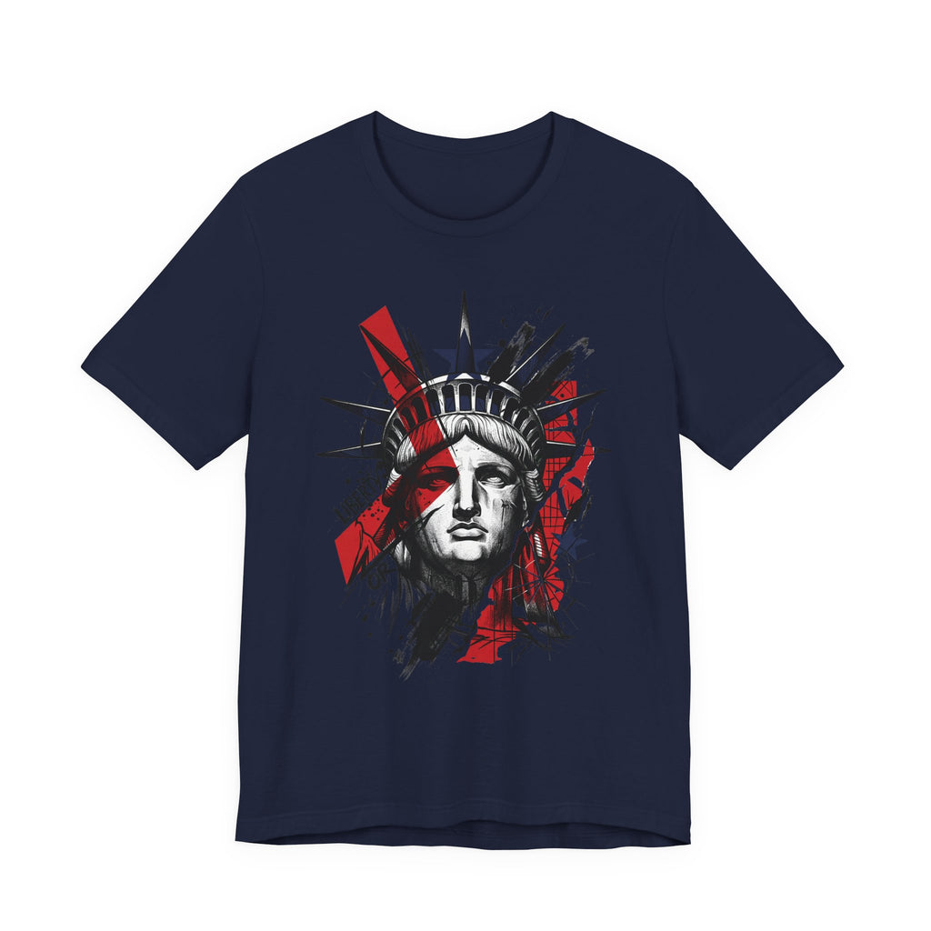 Navy graphic T-shirt with Statue of Liberty head illustration in red and black