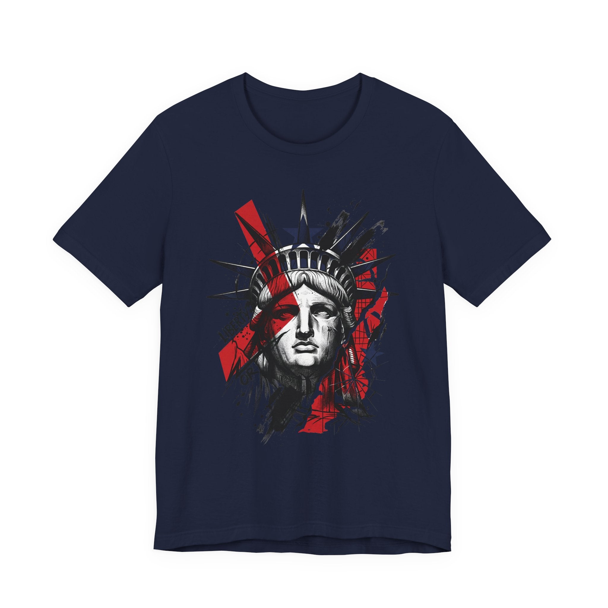 Navy graphic T-shirt with Statue of Liberty head illustration in red and black
