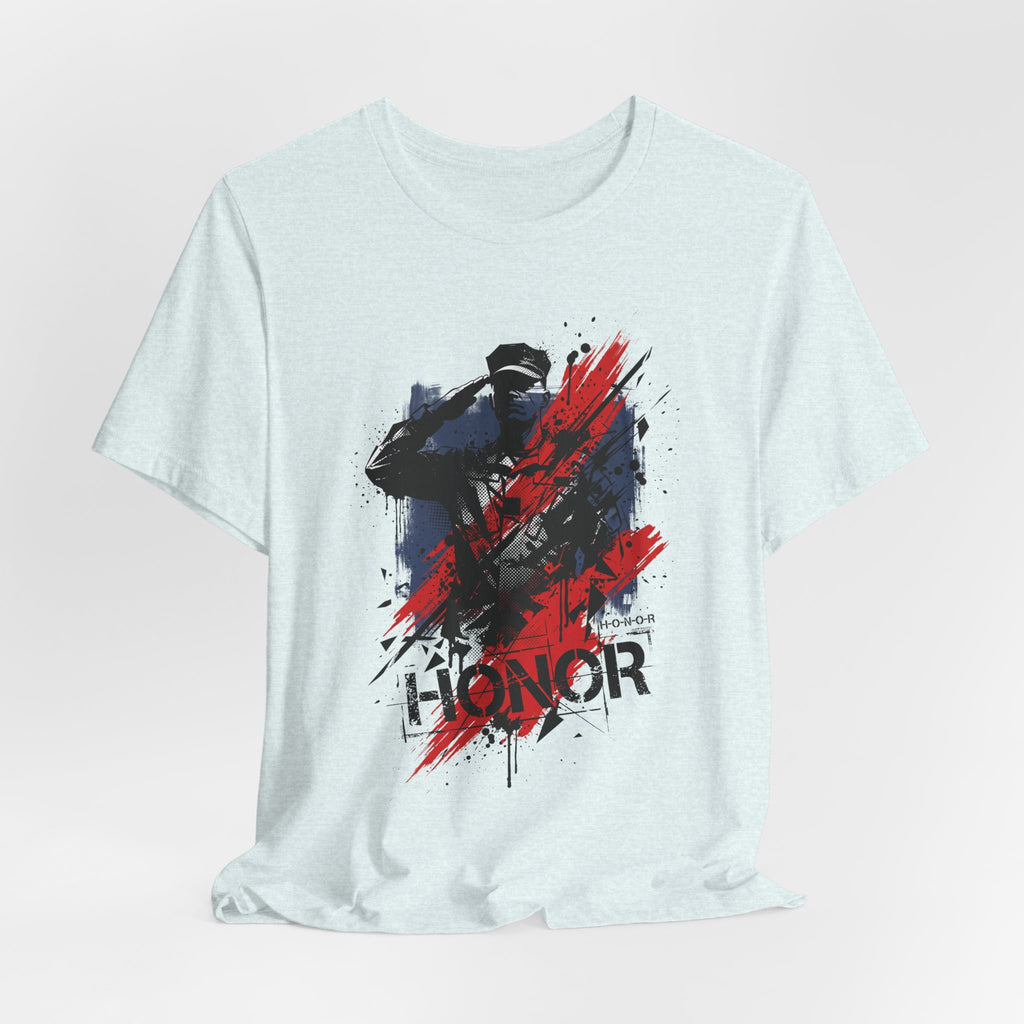 Light blue crewneck T-shirt with centered soldier silhouette graphic in red and navy
