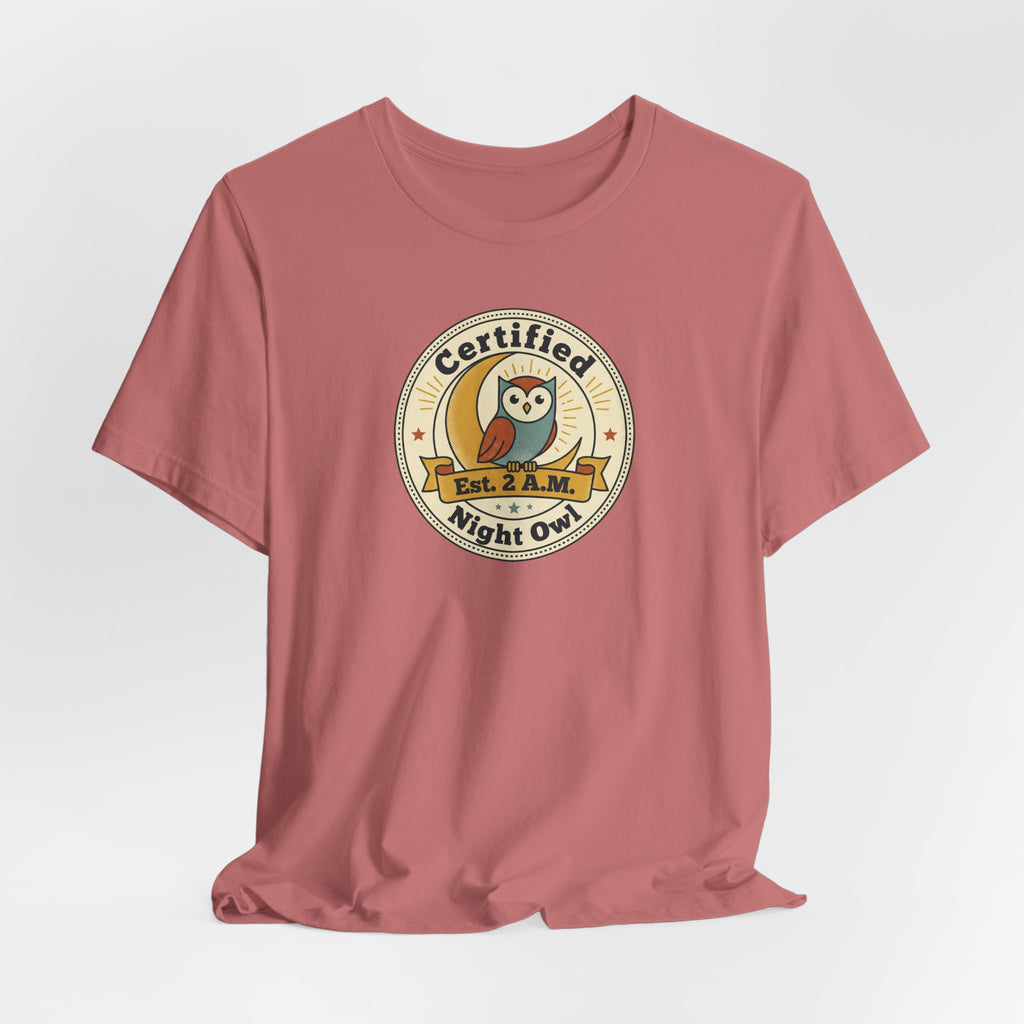 Mauve Night Owl badge graphic T-shirt with round Certified logo on front