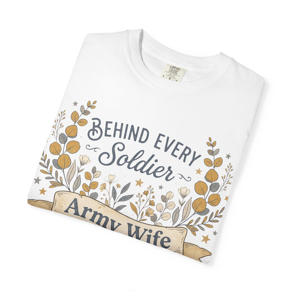 White T-shirt with floral wreath graphic and 'Army Wife' banner on front