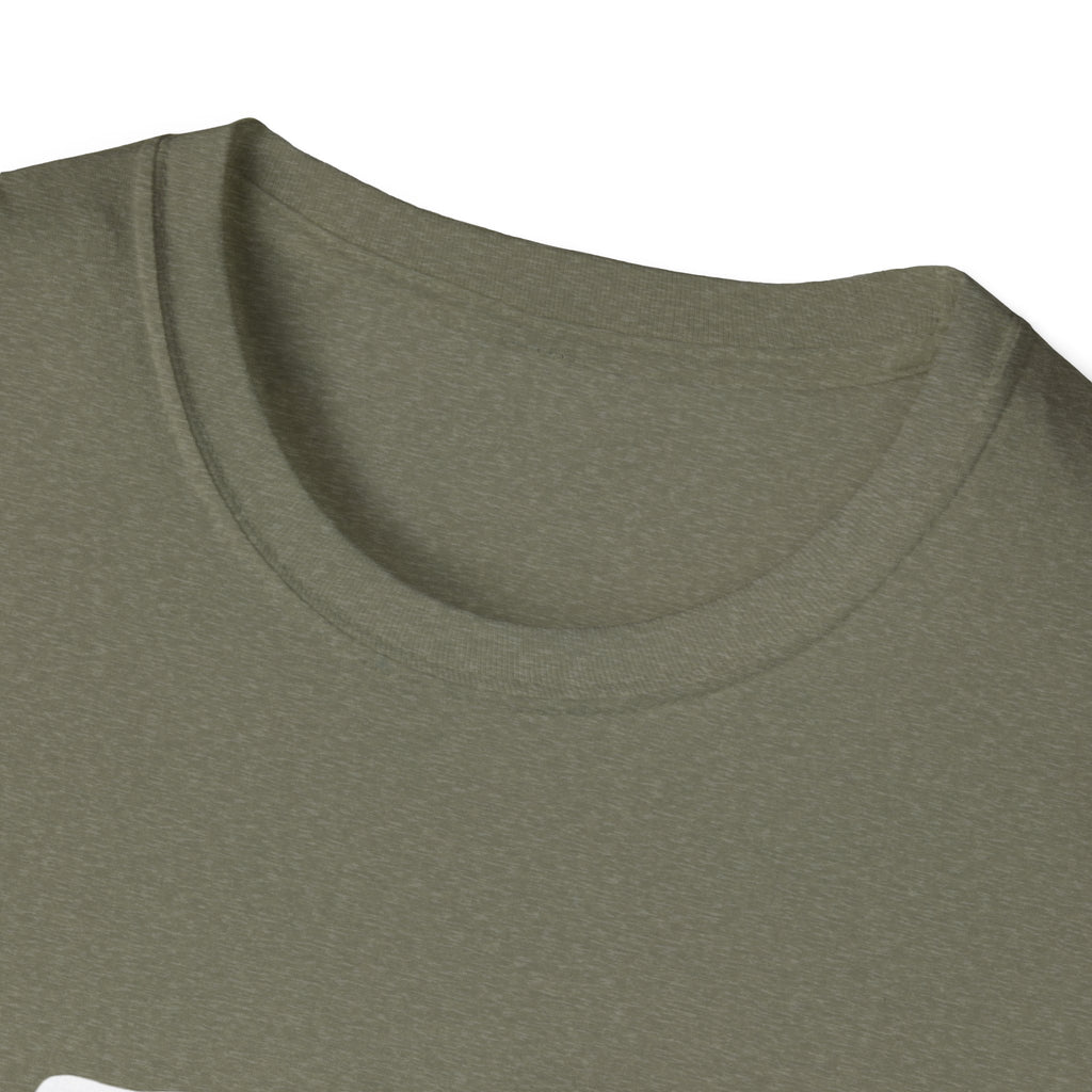 Olive green crew-neck T-shirt, close-up of collar and shoulder seam