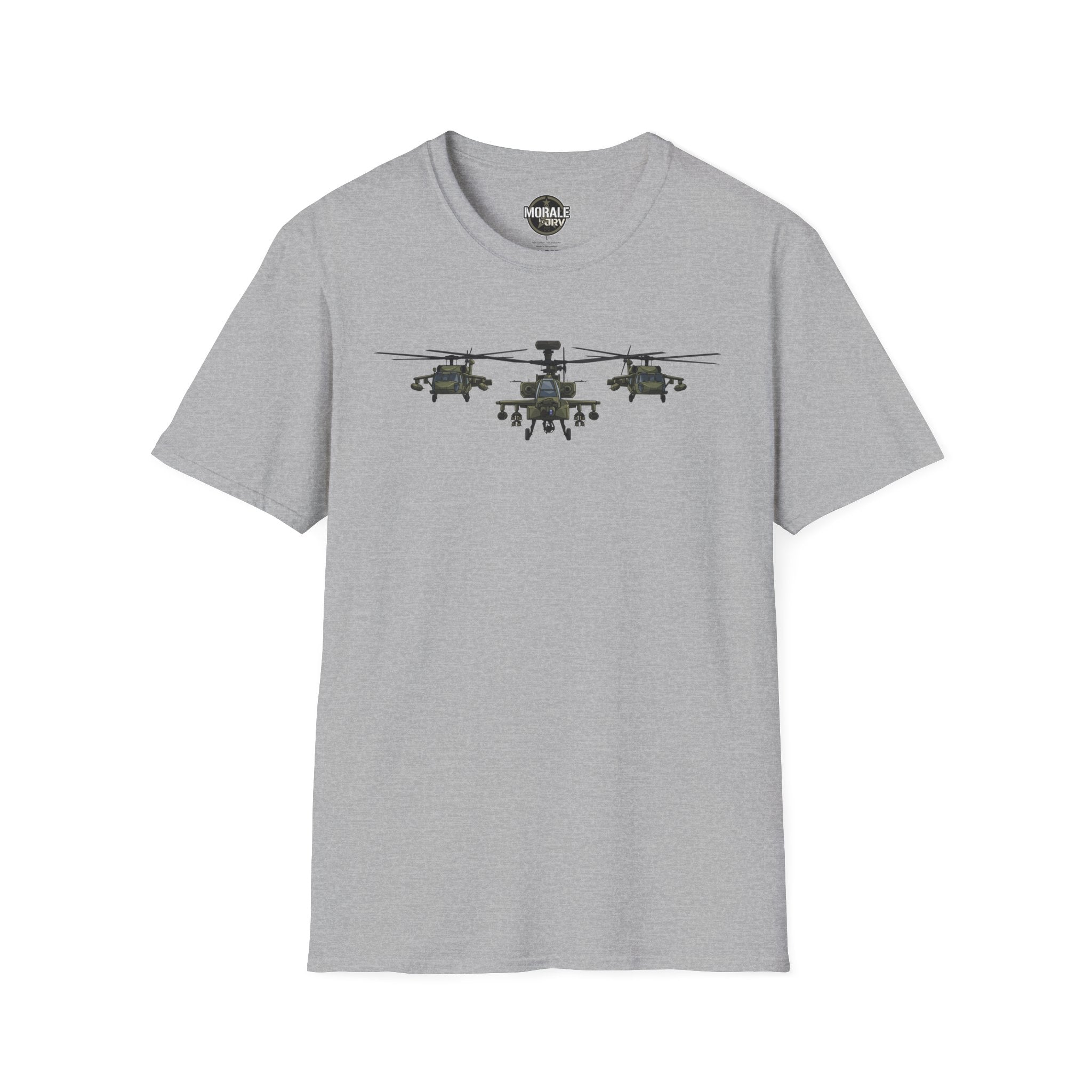 Light gray crewneck T-shirt with three-helicopter graphic on the chest