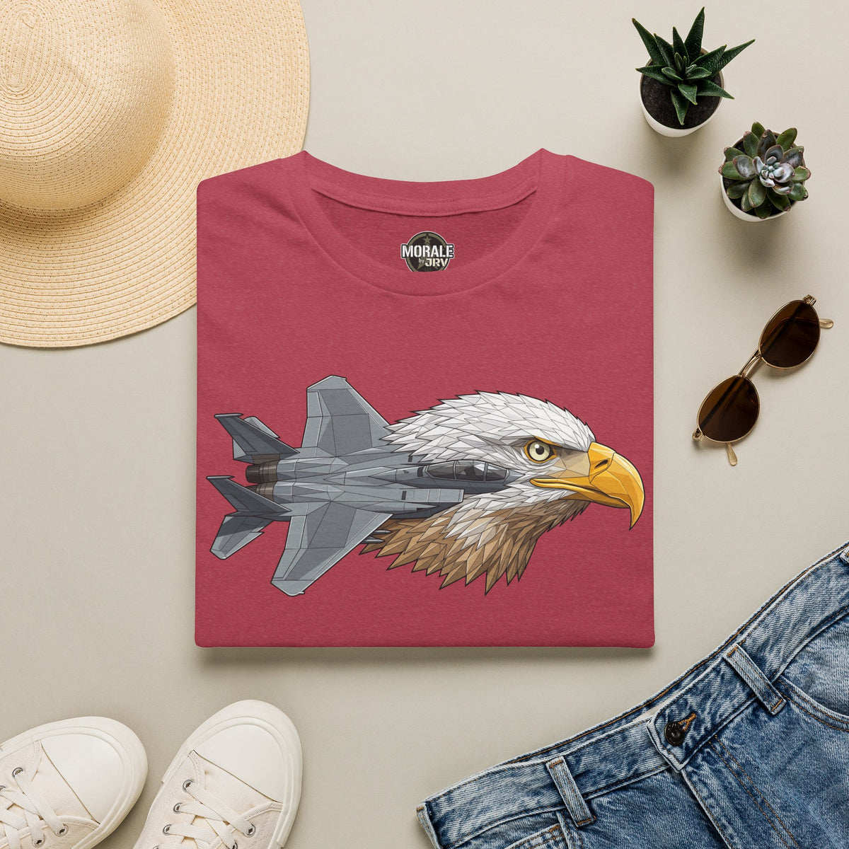 Eagle head and fighter jet graphic t-shirt, maroon crew neck