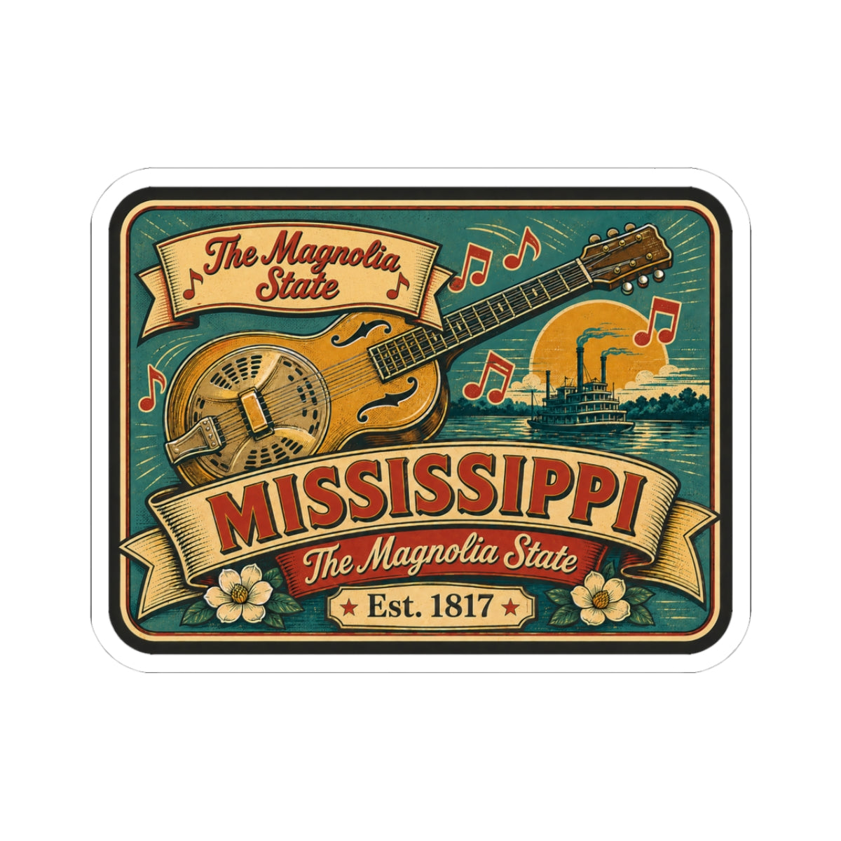 Teal Mississippi retro music vinyl decal with banjo, guitar, flowers, and Est. 1817