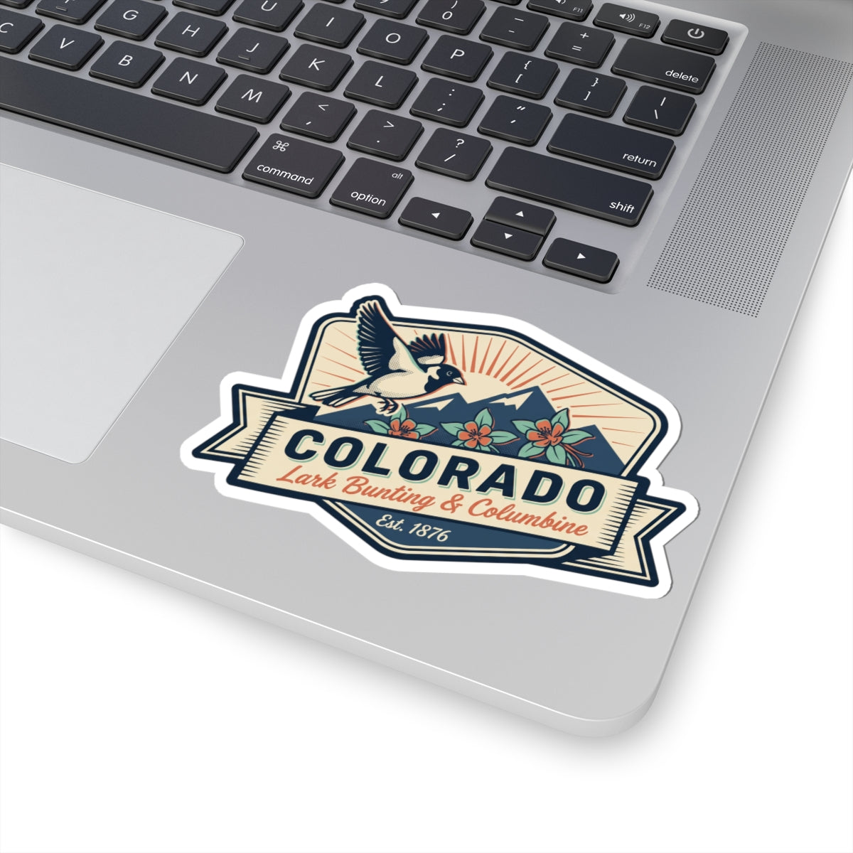 Colorado sticker decal on laptop screen area with bird, mountain, and flower graphic