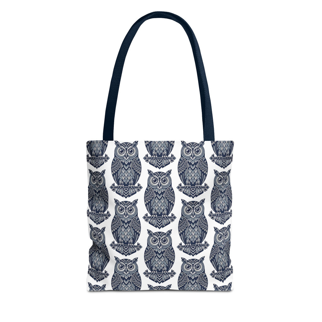 Navy owl tote bag with dark top handles, repeating blue-and-white owl pattern