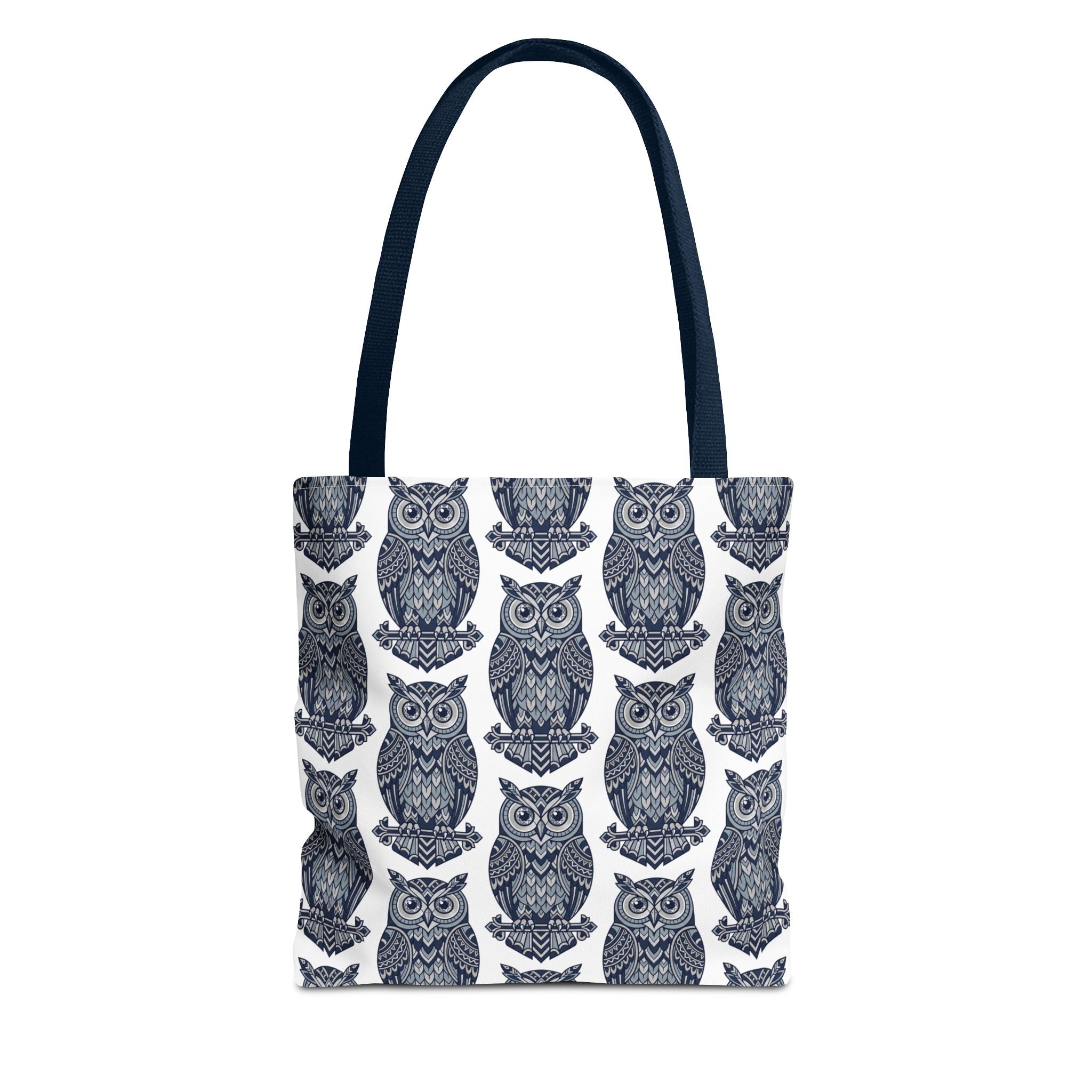 Navy owl tote bag with dark top handles, repeating blue-and-white owl pattern