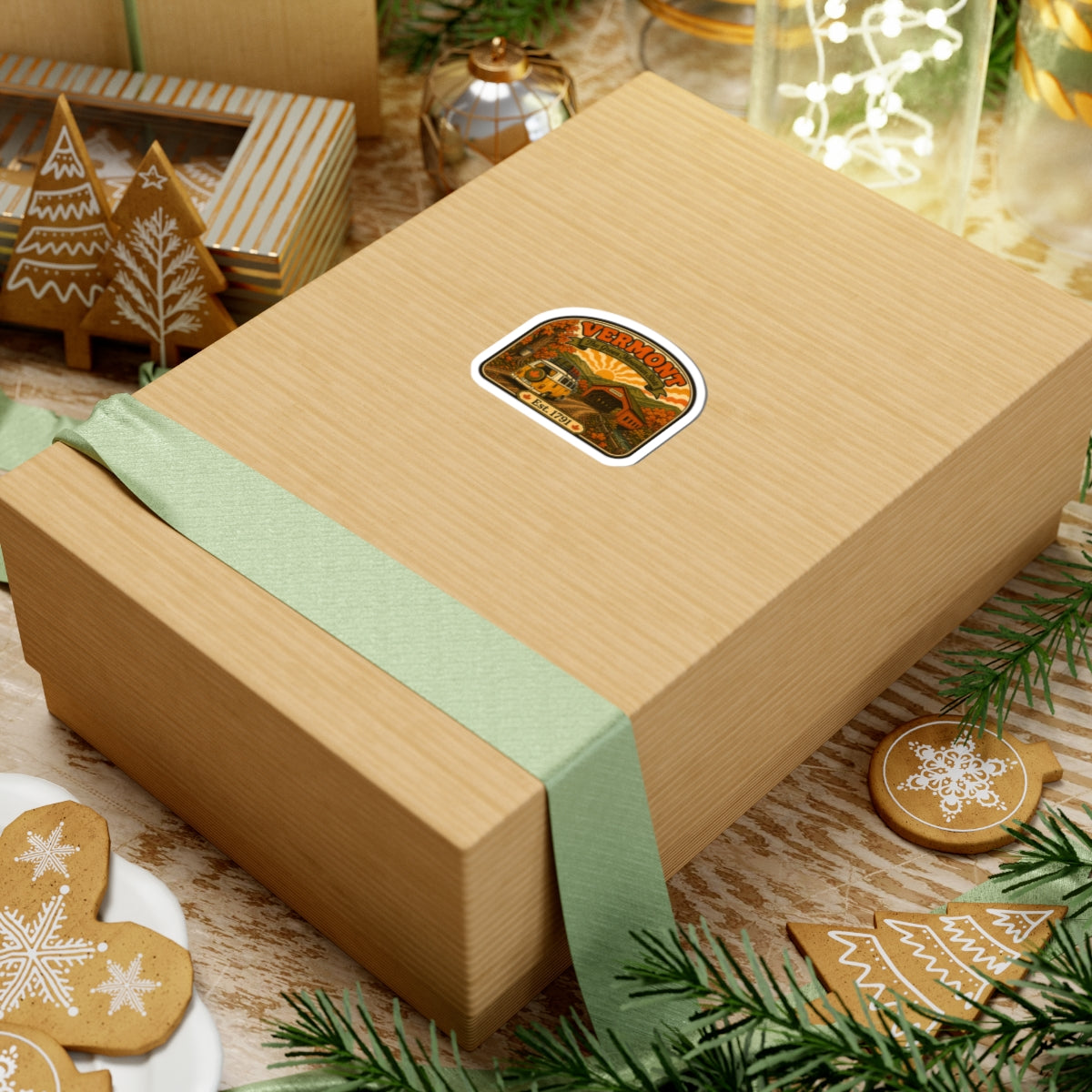 Die-cut Vermont travel sticker on kraft gift box lid