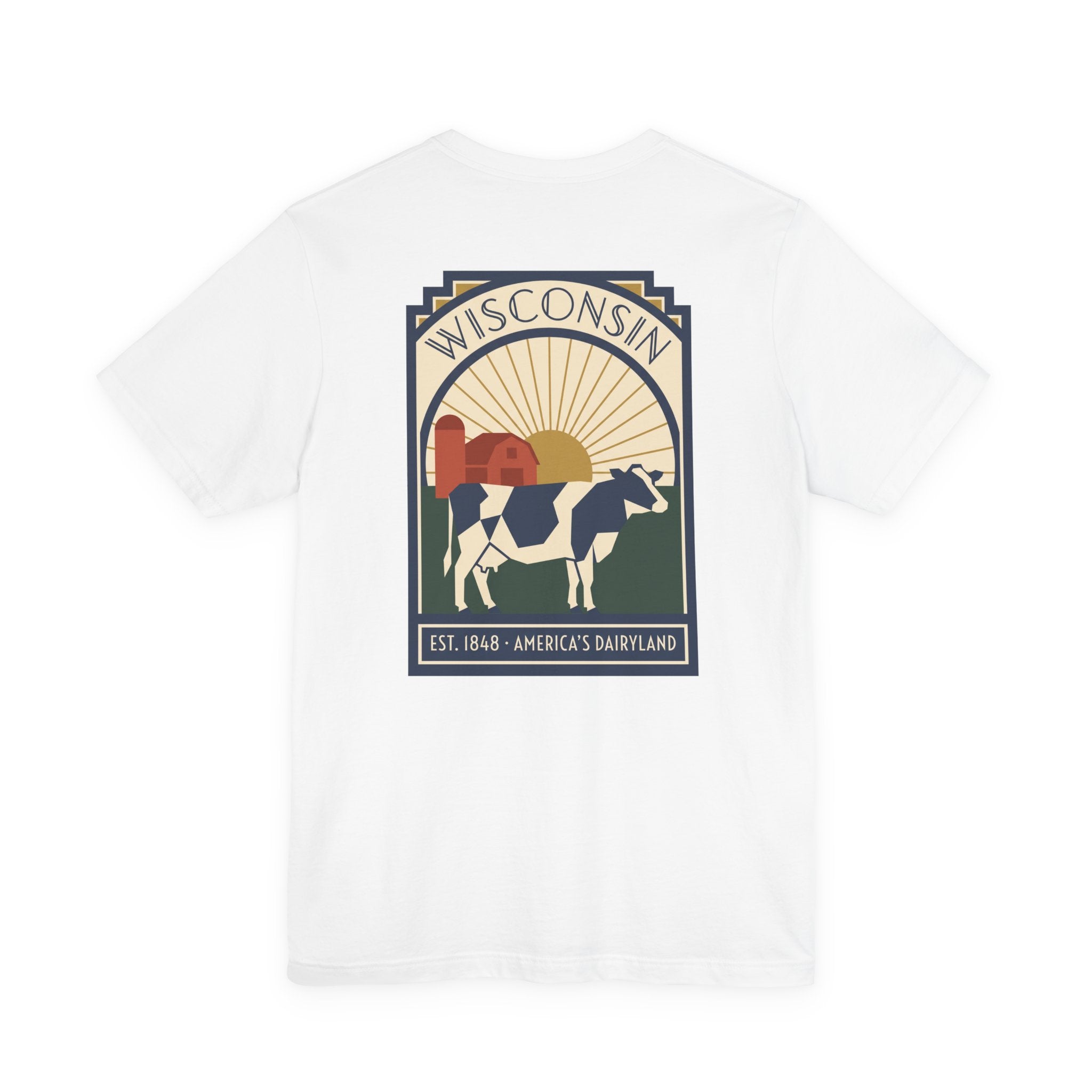 White t-shirt with square Wisconsin dairy cow graphic on the front
