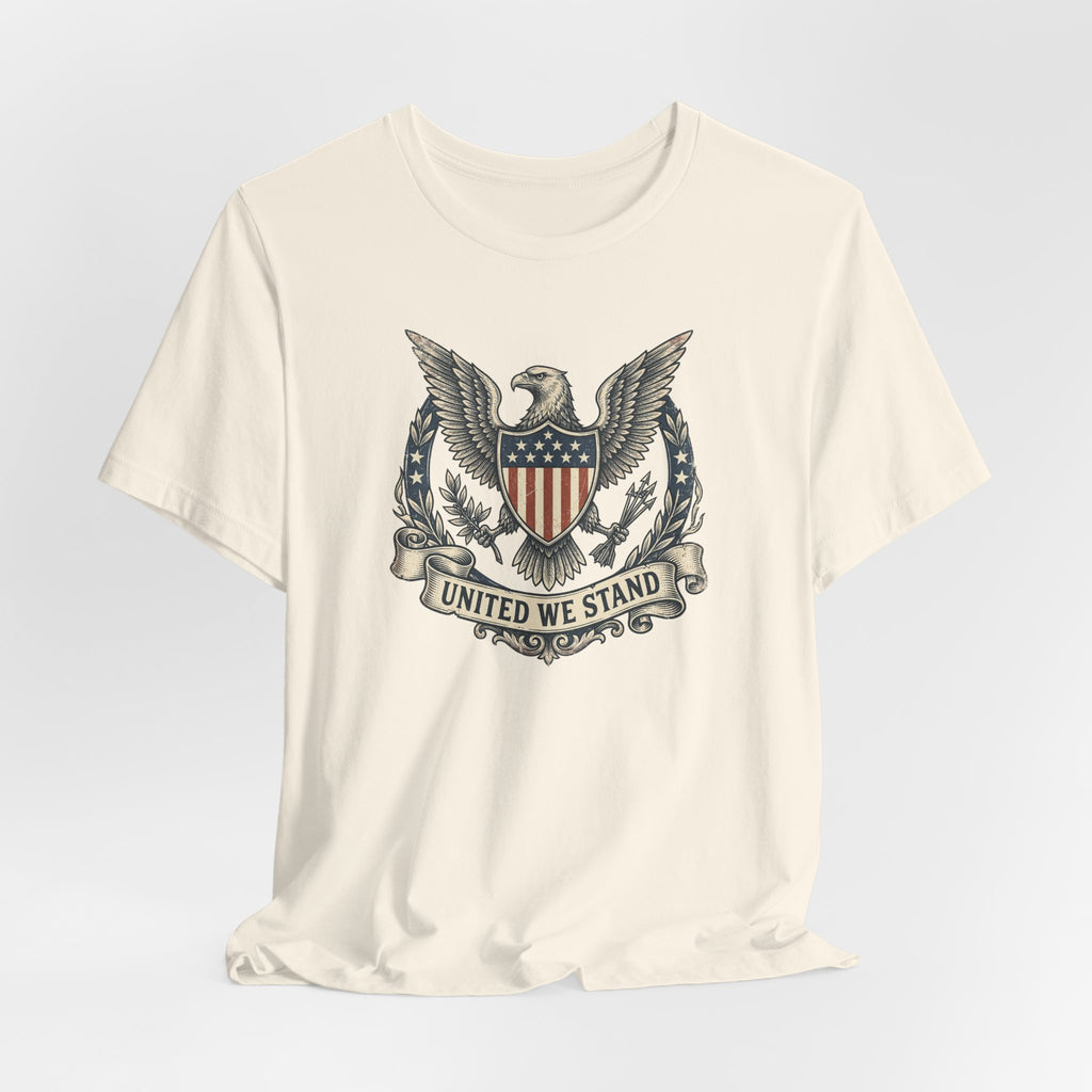 Cream crewneck T-shirt with United We Stand shield-and-eagle graphic on front