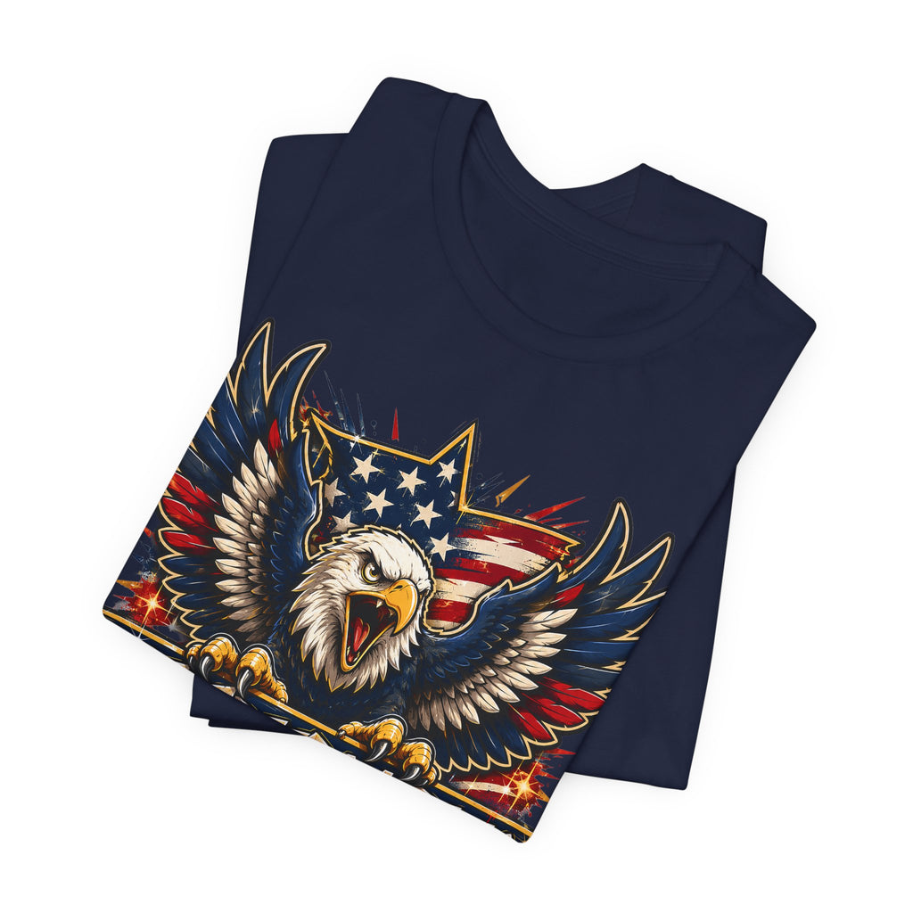 Navy T-shirt with bald eagle and stars graphic on the chest