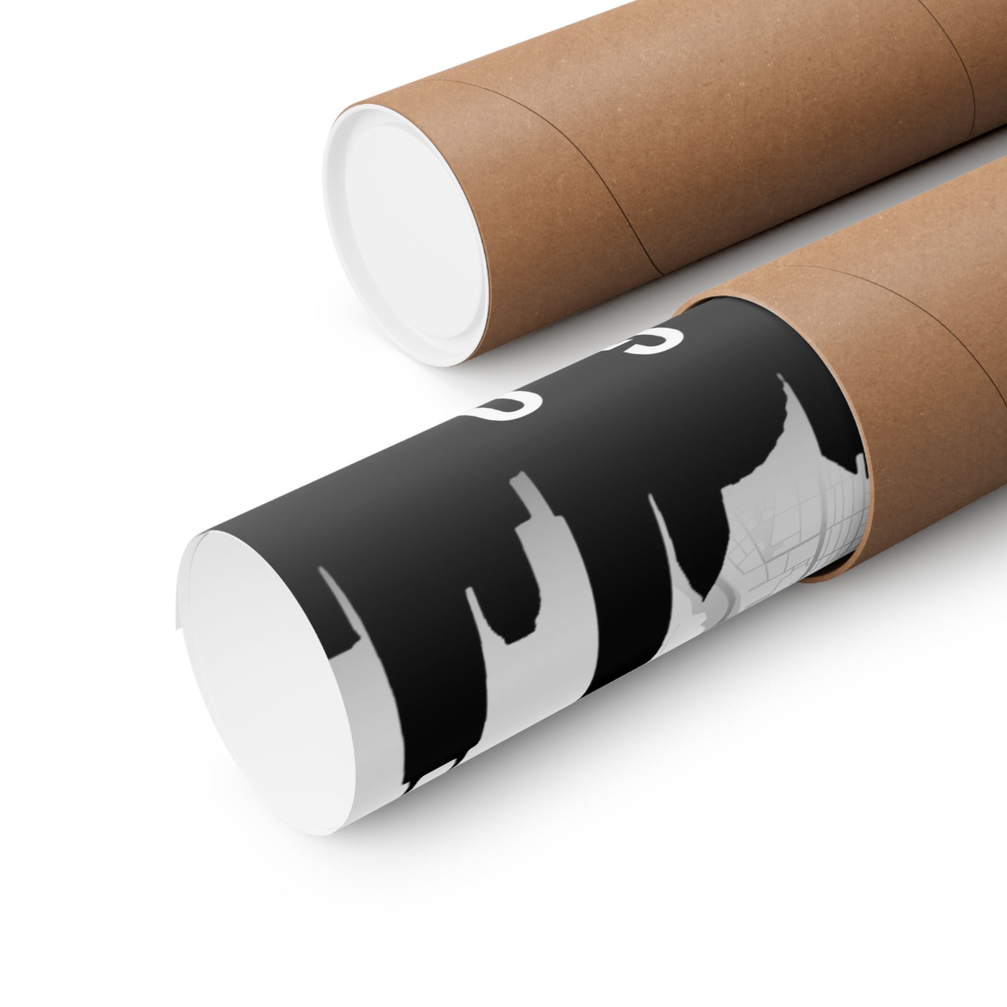 Gerolltes Chicago Skyline Poster auf mattem Papier, braunes Kraft-Rollenende