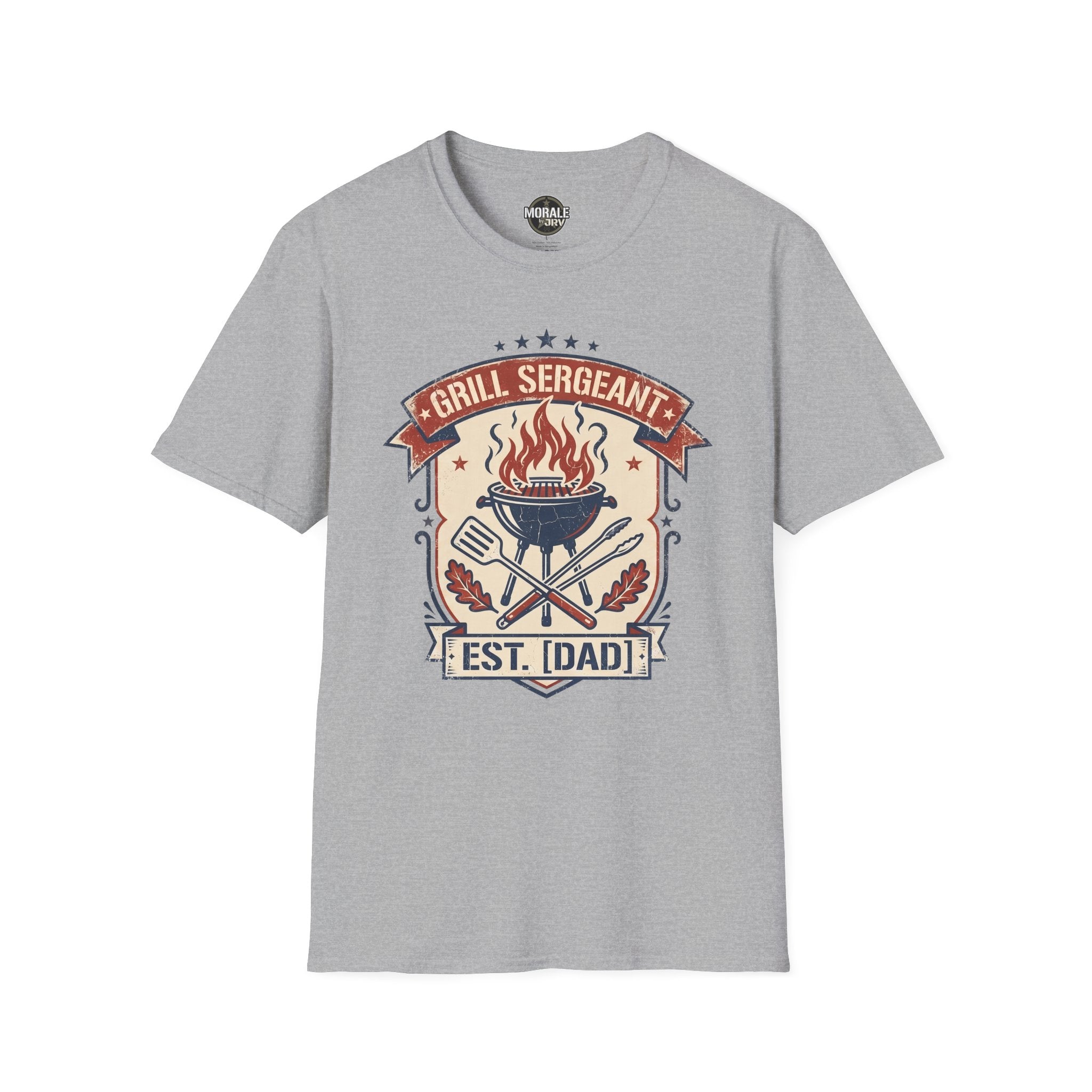 Sport grey “Grill Sergeant EST. [Dad]” BBQ graphic T-shirt with grill and flames