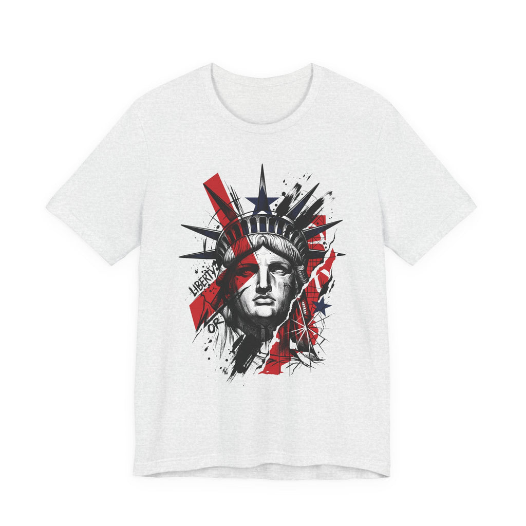 Light grey heather graphic t-shirt with Statue of Liberty face illustration in red and black