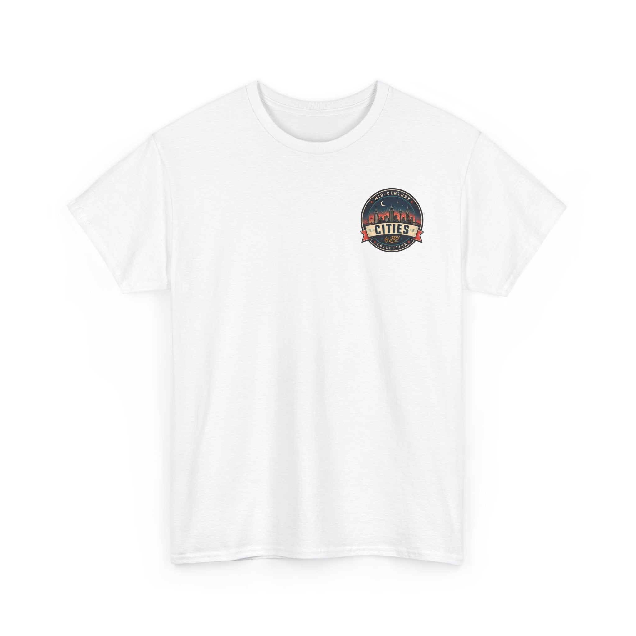 White crewneck T-shirt with circular Cities city badge graphic on chest