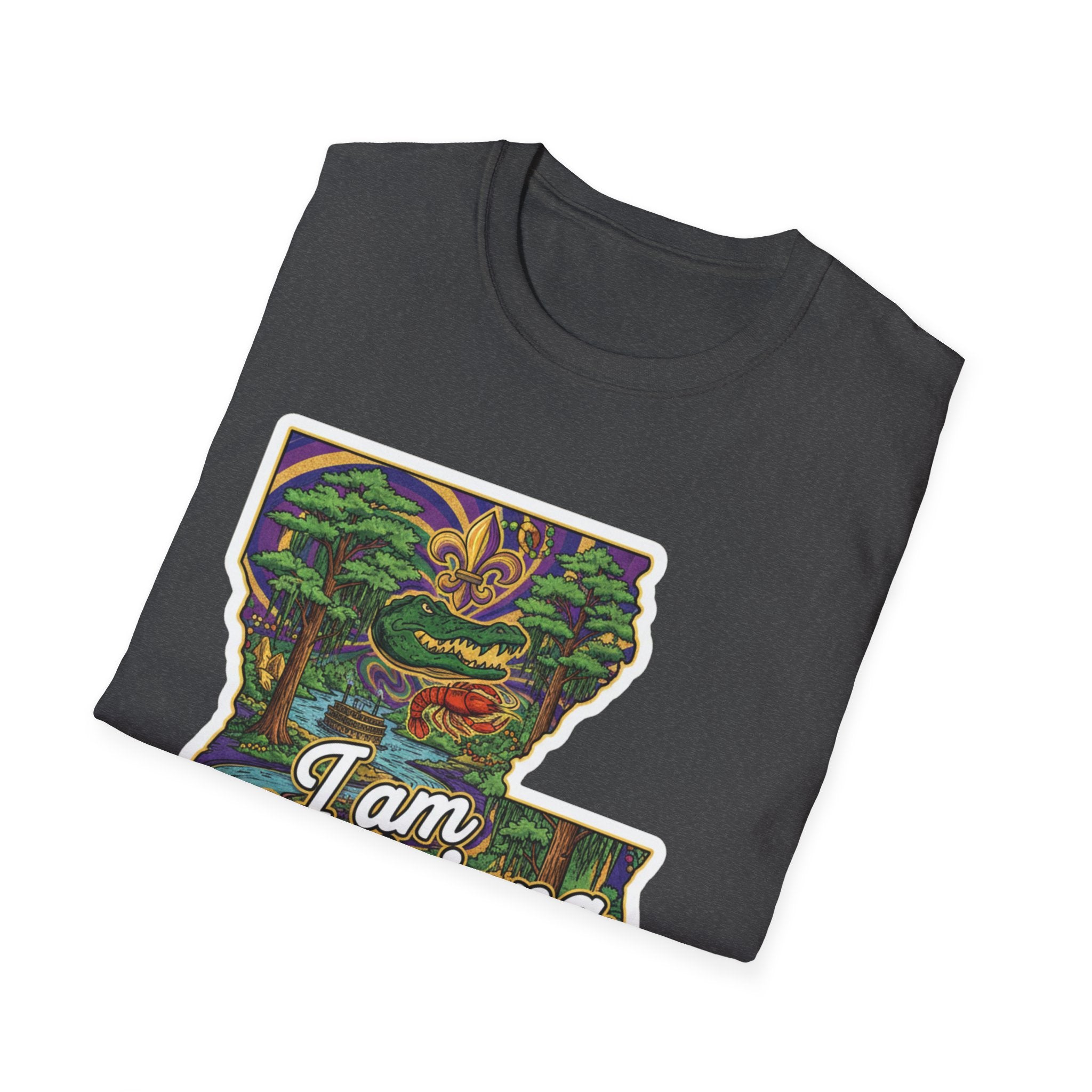 Dark heather gray T-shirt with full Louisiana map Mardi Gras artwork