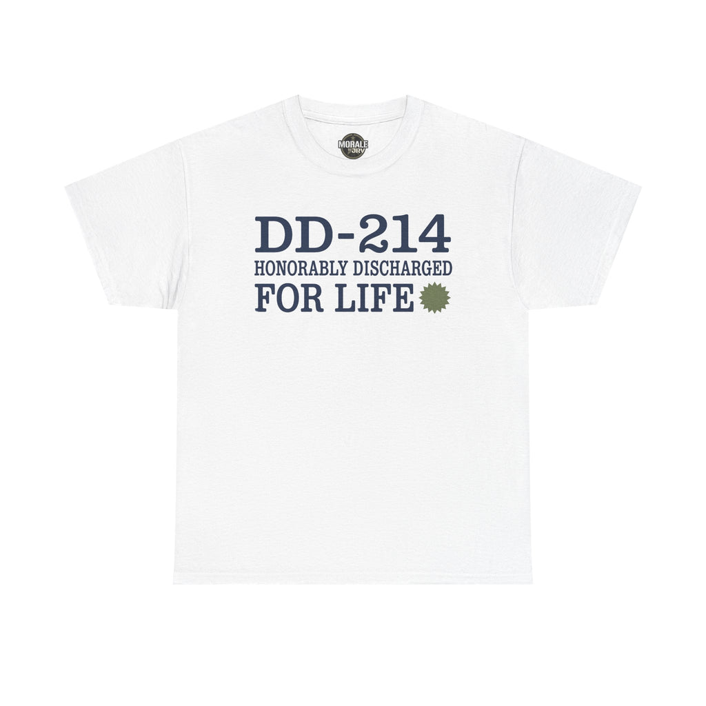 White crew-neck tee with blue “DD-214 Honorable Discharged For Life” graphic