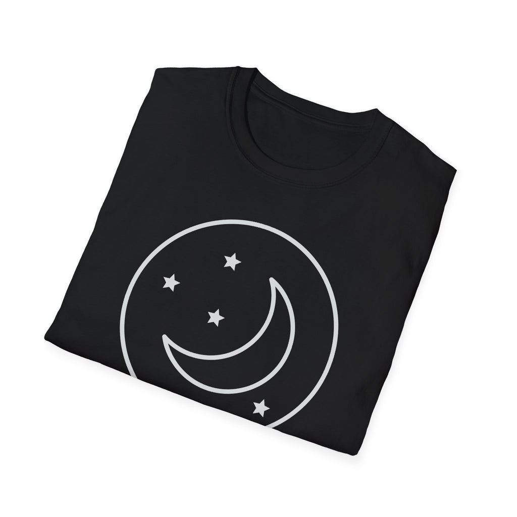 Black unisex t-shirt with white crescent moon and stars inside a circle graphic