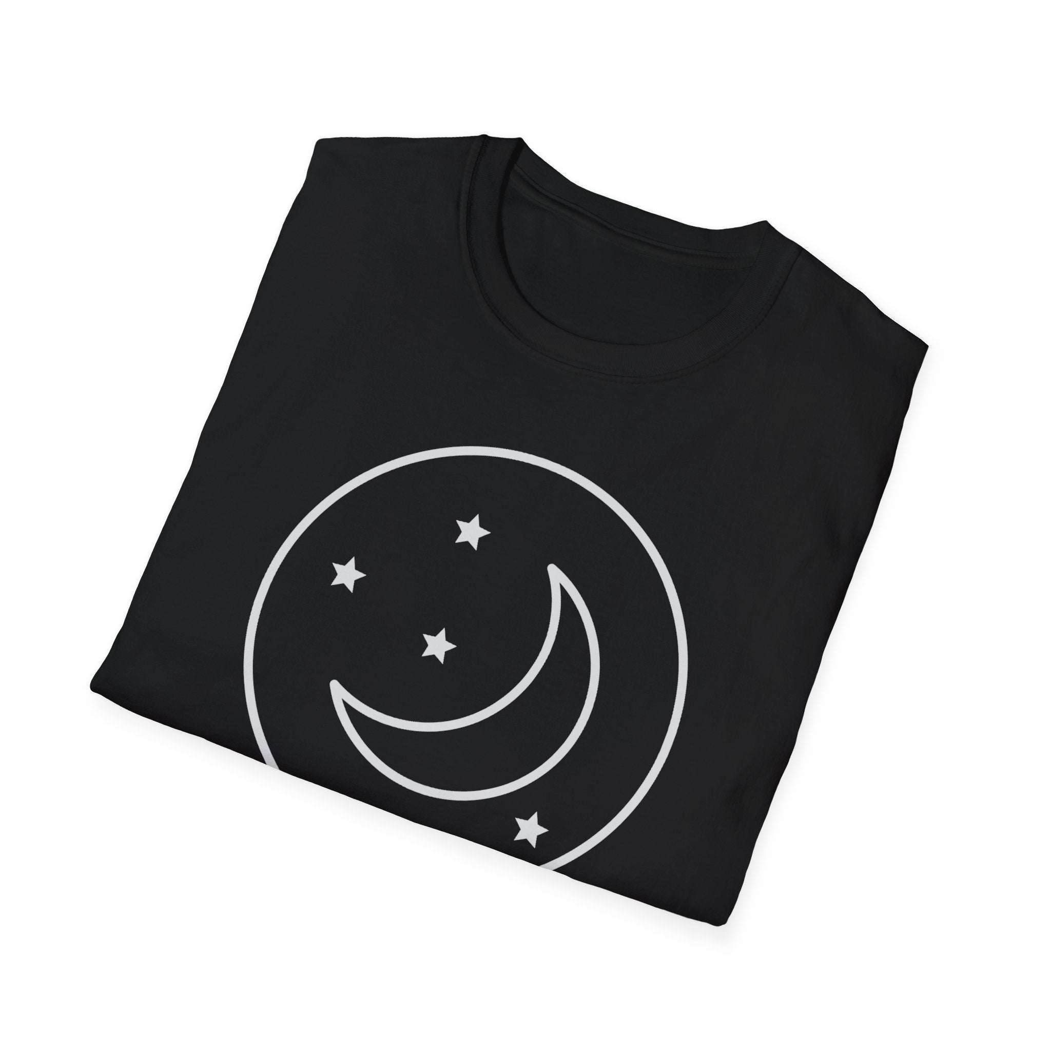Black unisex t-shirt with white crescent moon and stars inside a circle graphic