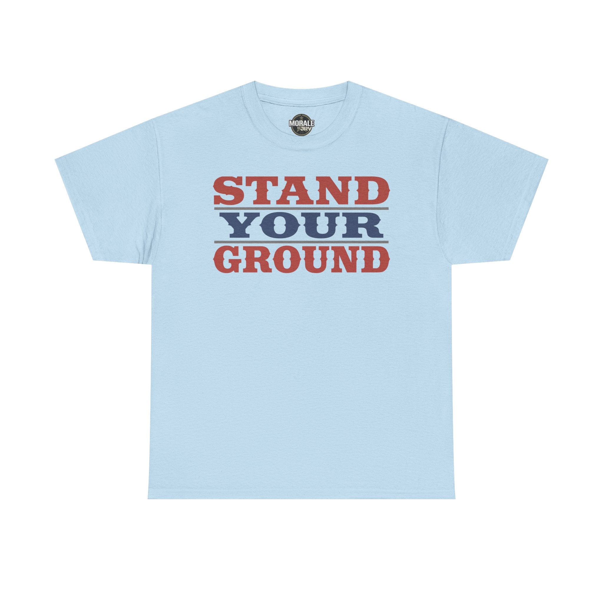 Light blue crewneck T-shirt with red and blue "STAND YOUR GROUND" vintage text print