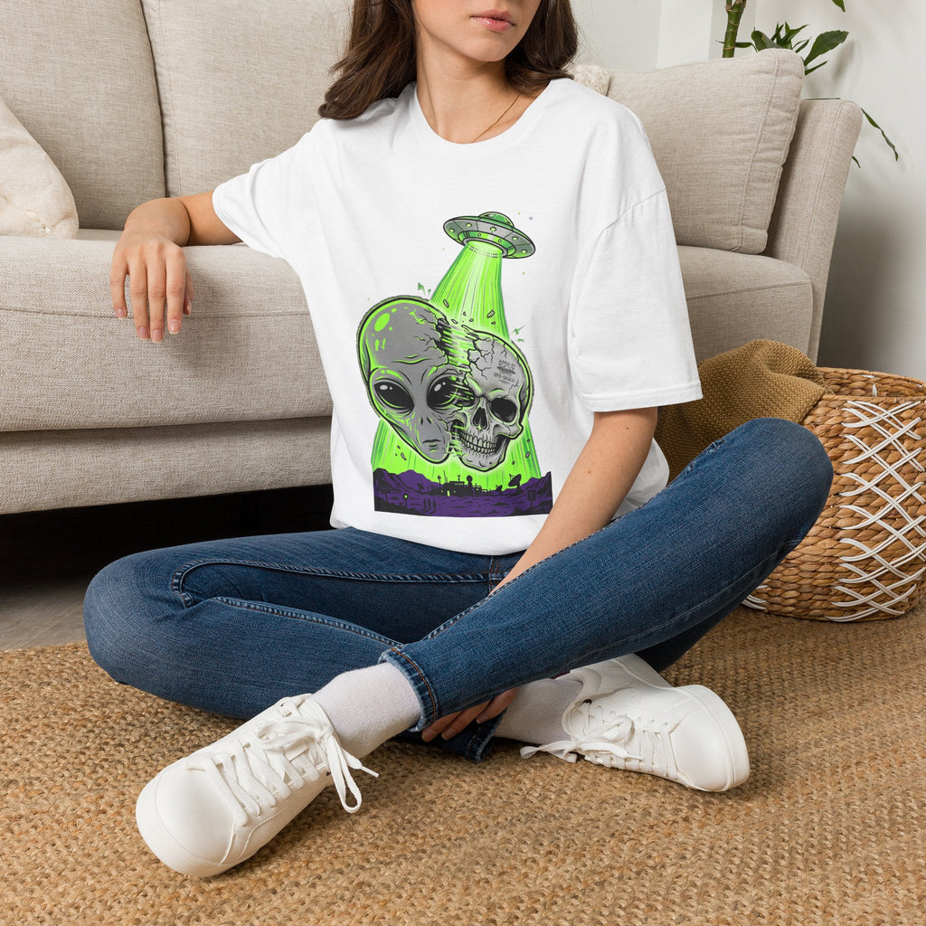 White t-shirt with green UFO and alien skull graphic, short sleeves