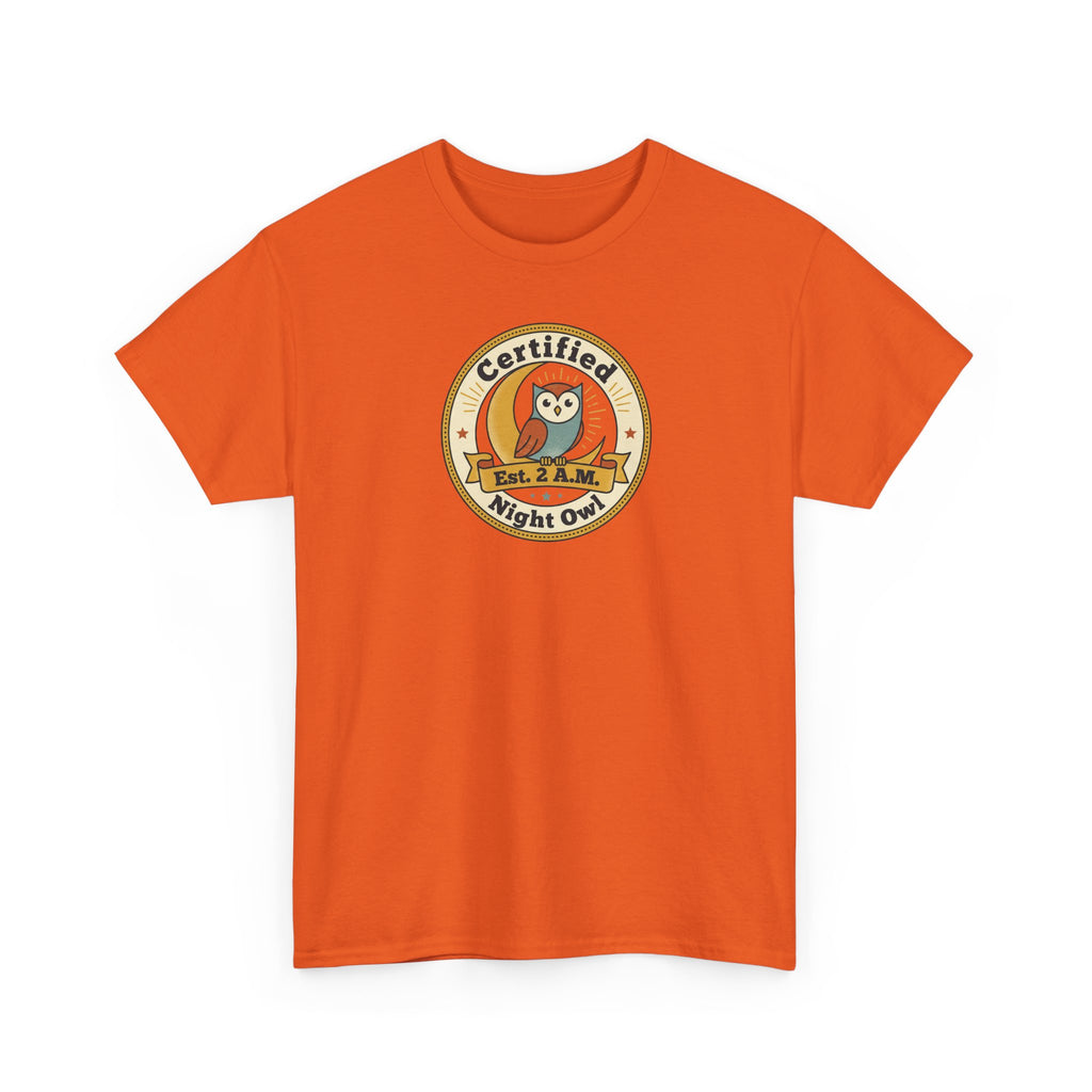 Orange-red T-shirt with "Certified Night Owl" owl badge graphic on chest