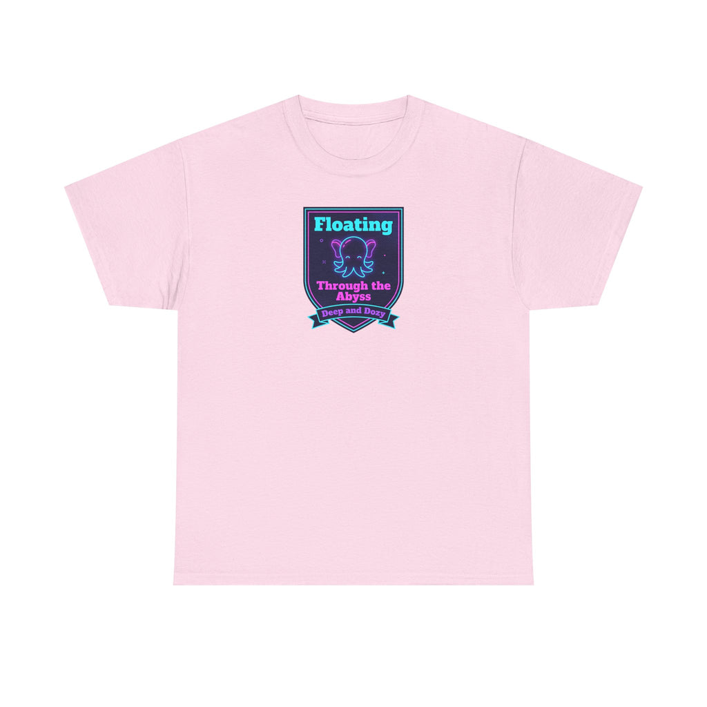 Light pink crewneck T-shirt with centered neon octopus graphic patch