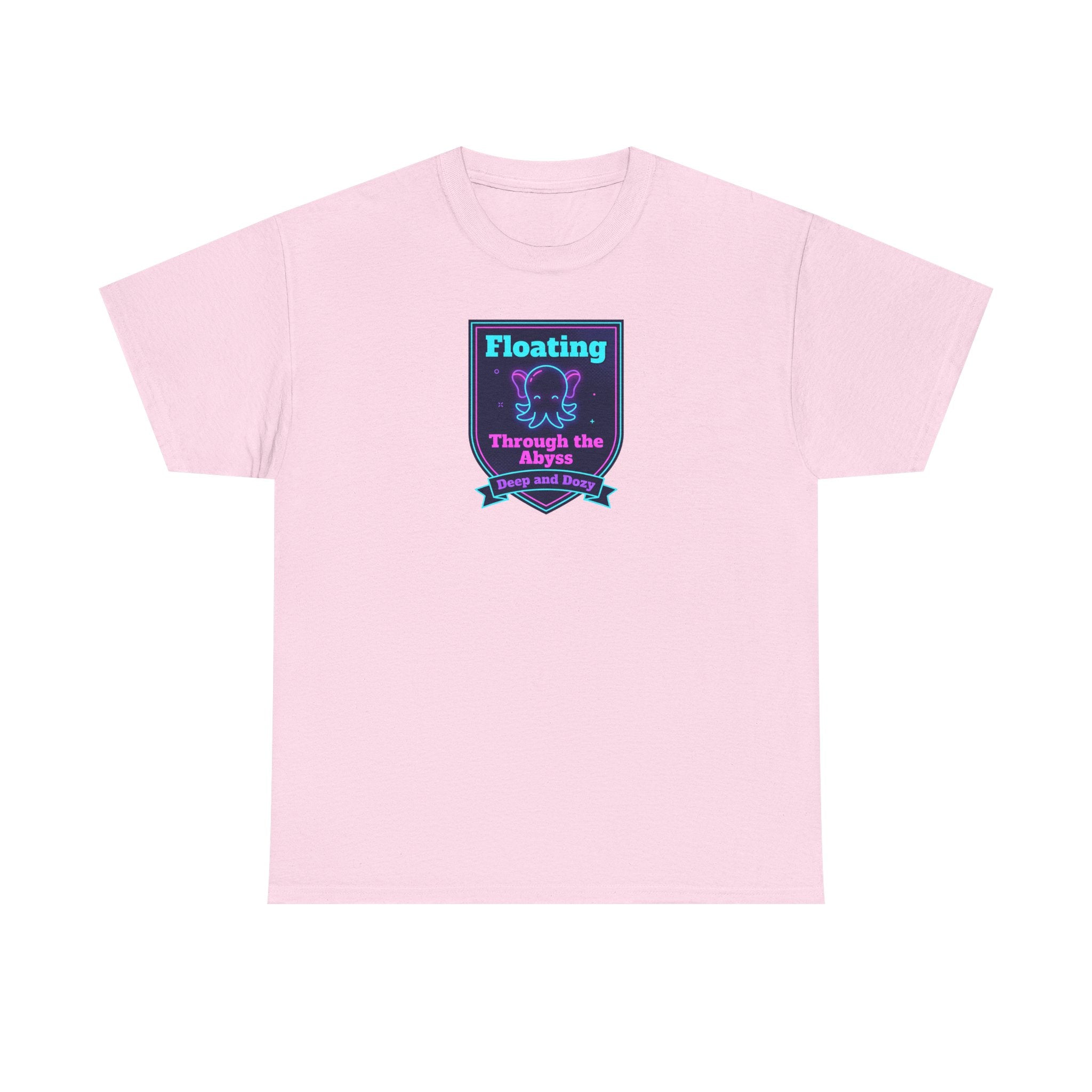 Light pink crewneck T-shirt with centered neon octopus graphic patch