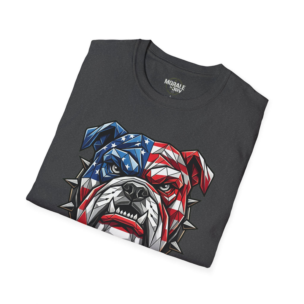 Charcoal T-shirt with bulldog head patriotic flag graphic