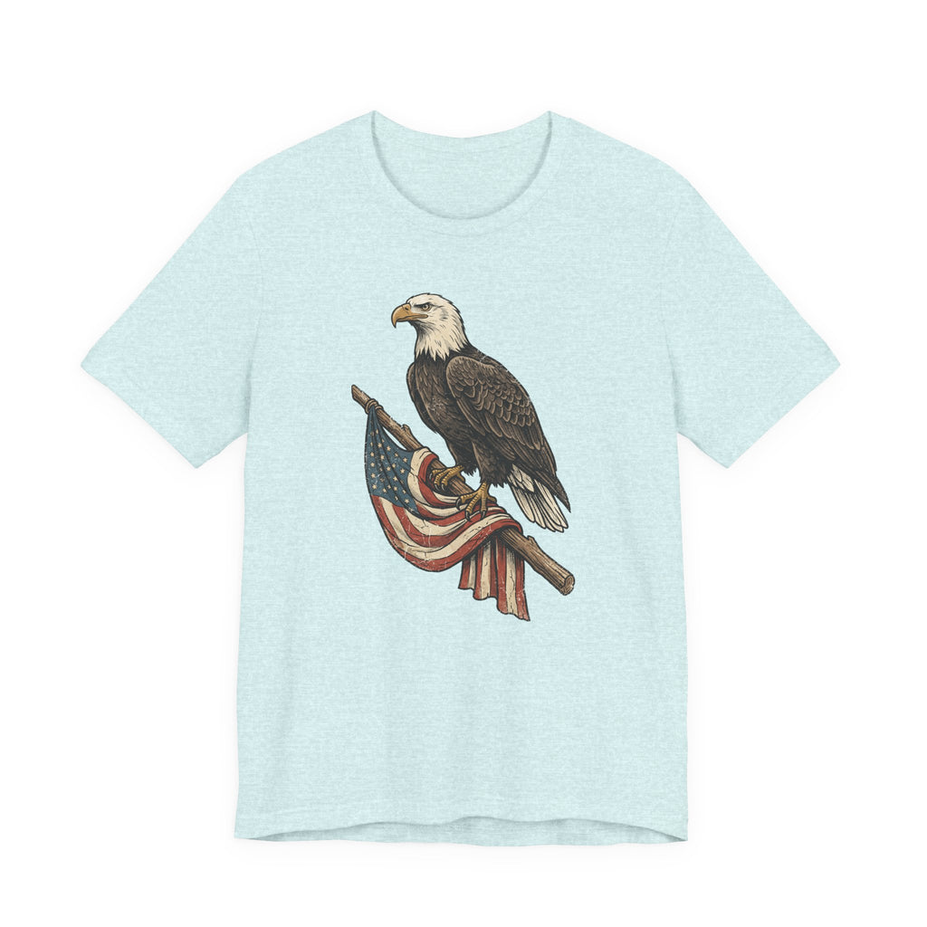 Light blue crewneck t-shirt with vintage bald eagle graphic holding American flag