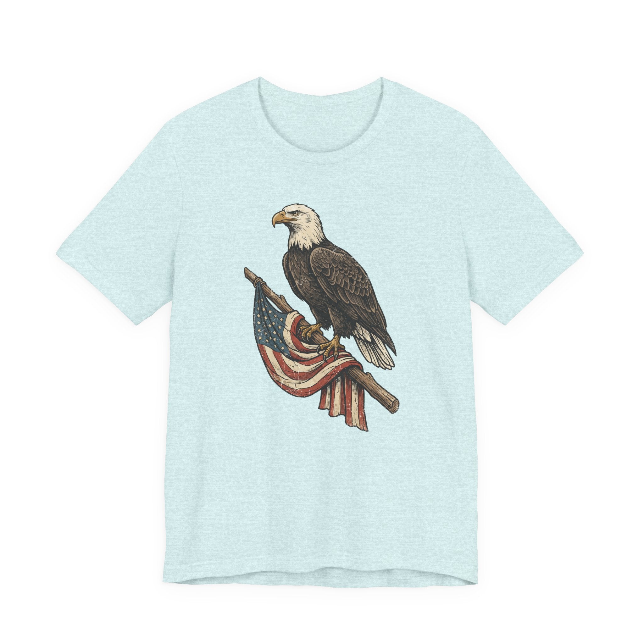 Light blue crewneck t-shirt with vintage bald eagle graphic holding American flag