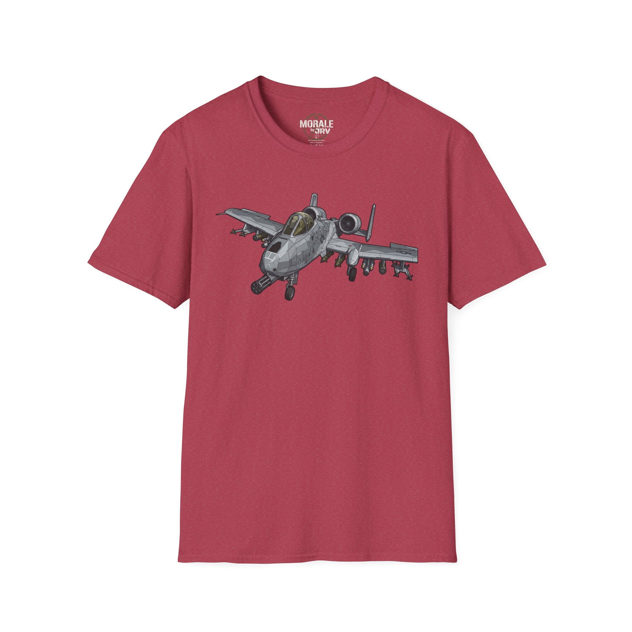 A-10 Warthog graphic T-shirt in maroon, aircraft print on front