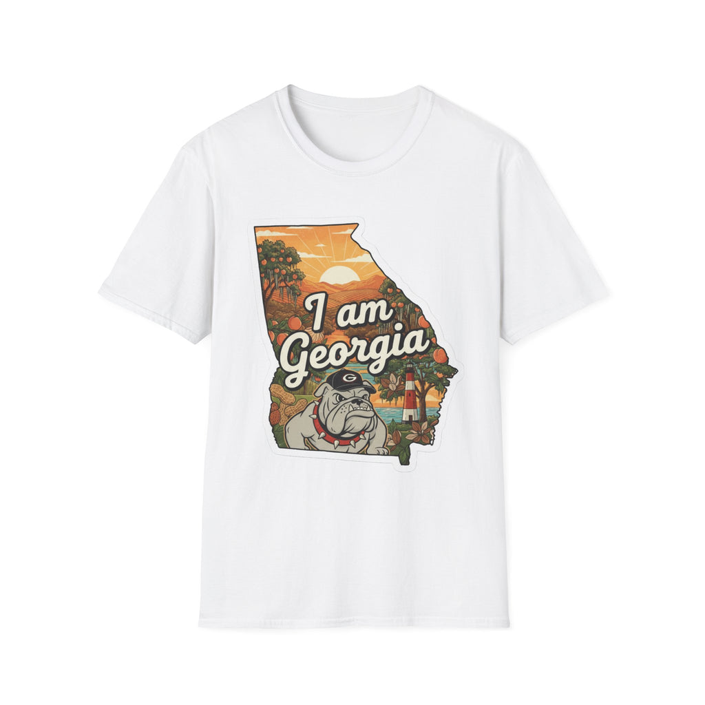 White T-shirt with “I am Georgia” bulldog state map sunset graphic