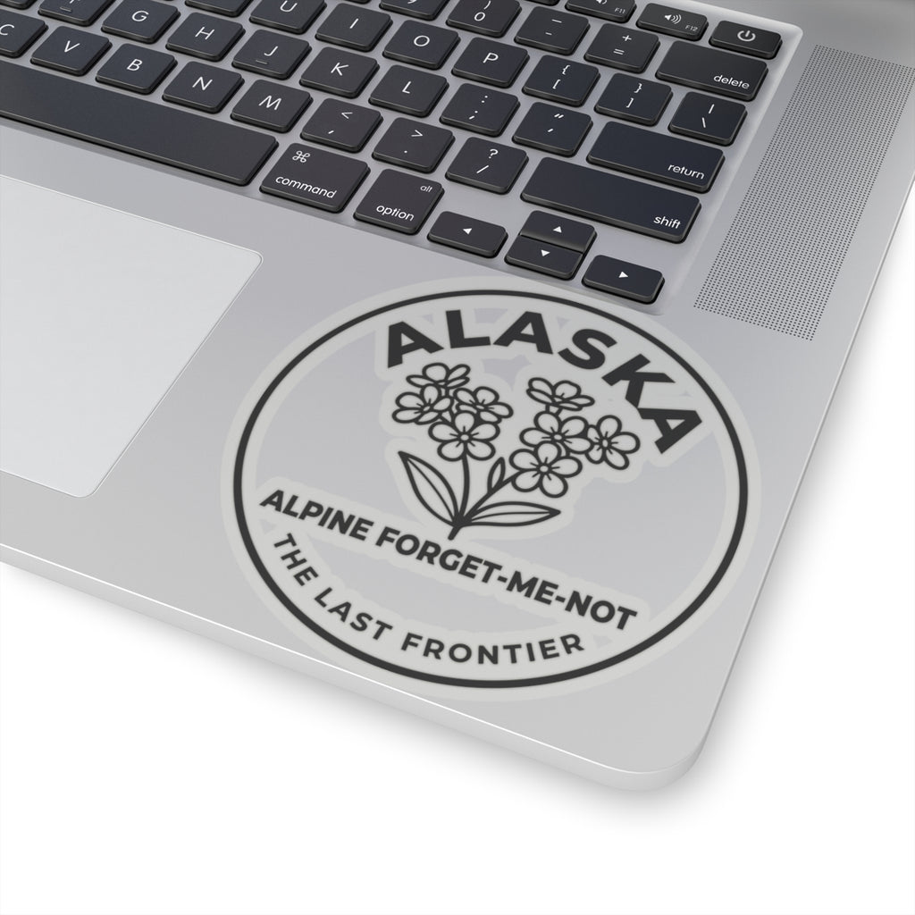 Alaska alpine forget-me-not vinyl sticker on laptop, circular wildflower badge