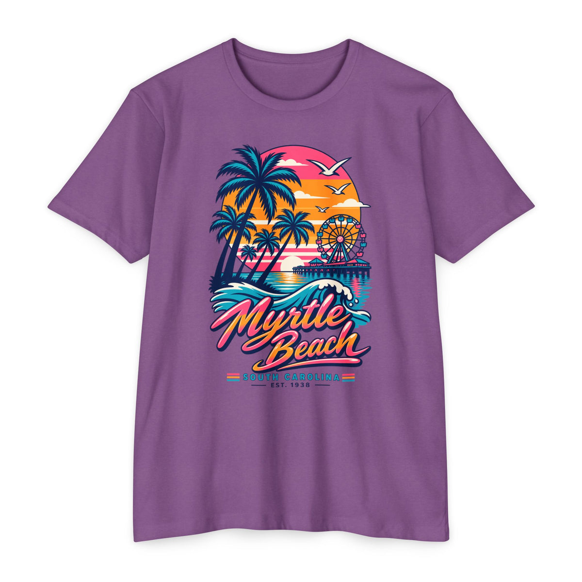 Purple retro sunset T-shirt with palm trees, ferris wheel, and “Myrtle Beach” graphic print