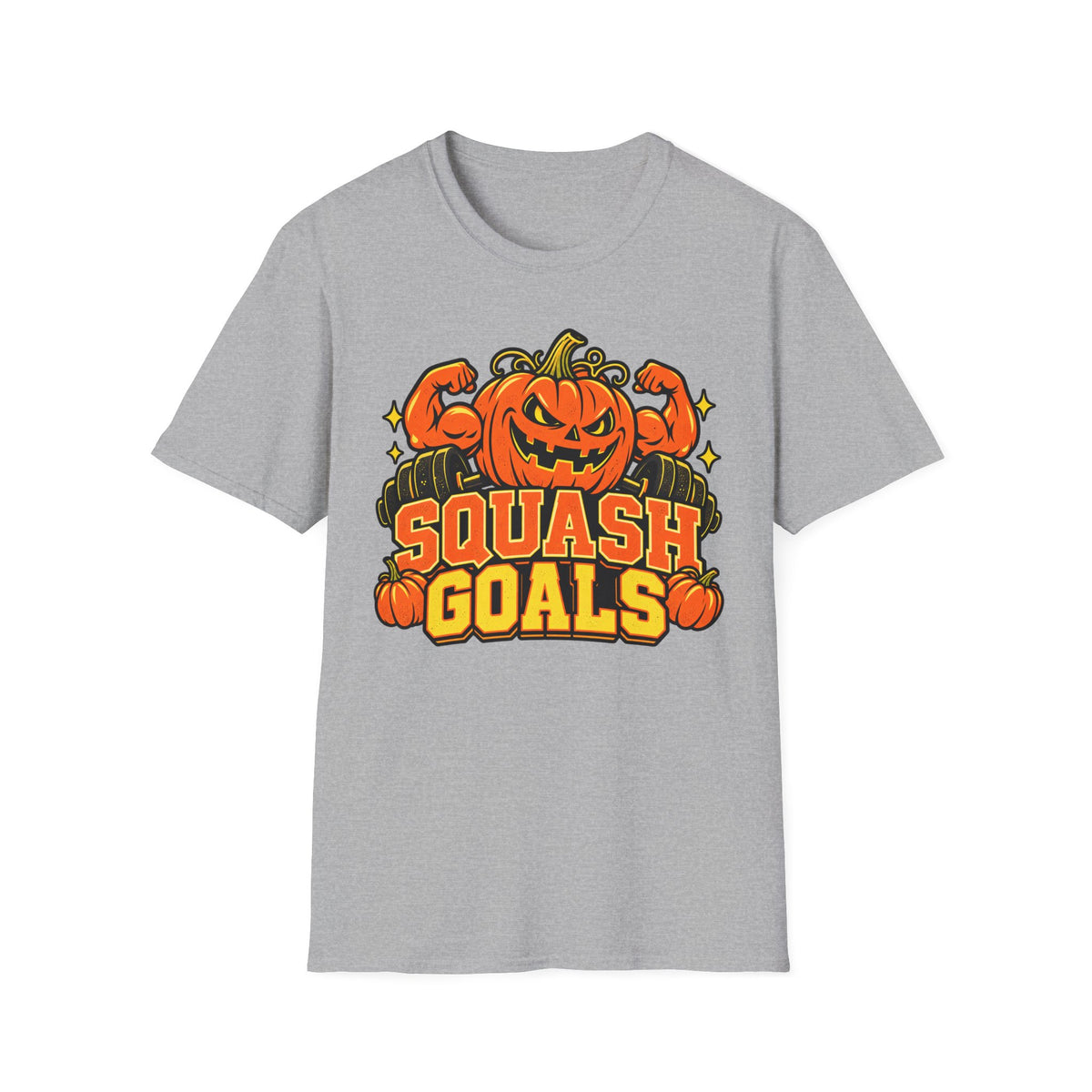 Light gray Halloween T-shirt with jack-o-lantern pumpkin graphic and "SQUASH GOALS" text