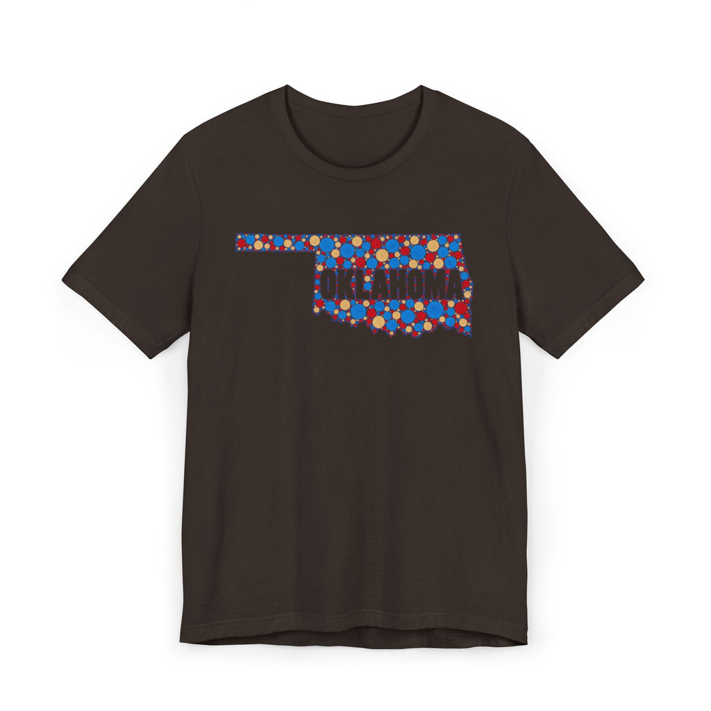 Dark brown T-shirt with colorful Oklahoma floral map graphic across chest