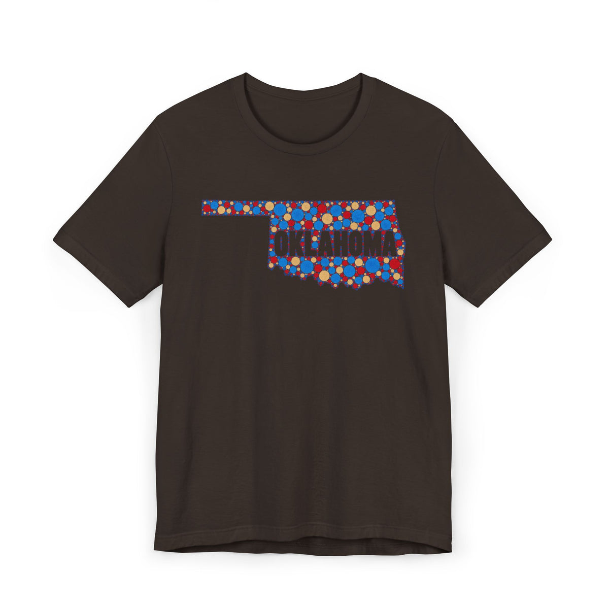 Dark brown T-shirt with colorful Oklahoma floral map graphic across chest